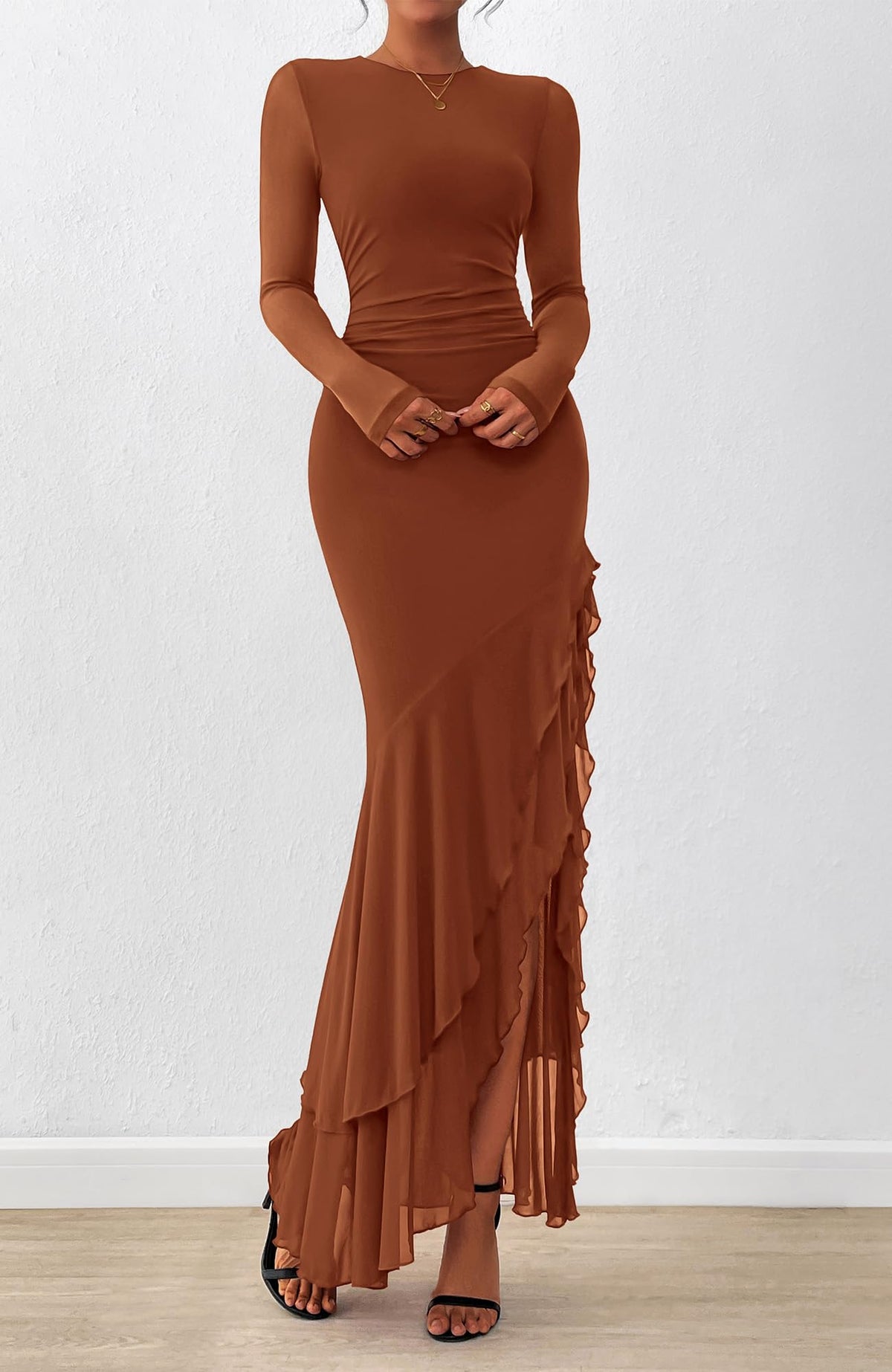 BTFBM Women's Maxi Dresses Fall Long Sleeve Wedding Guest Dress Mesh,Ruched,Bodycon,High Split,Solid Color,Ruffle, Mermaid,Cocktail Dresses,Prom,Party,Homecoming Dress,Fall Outfits
