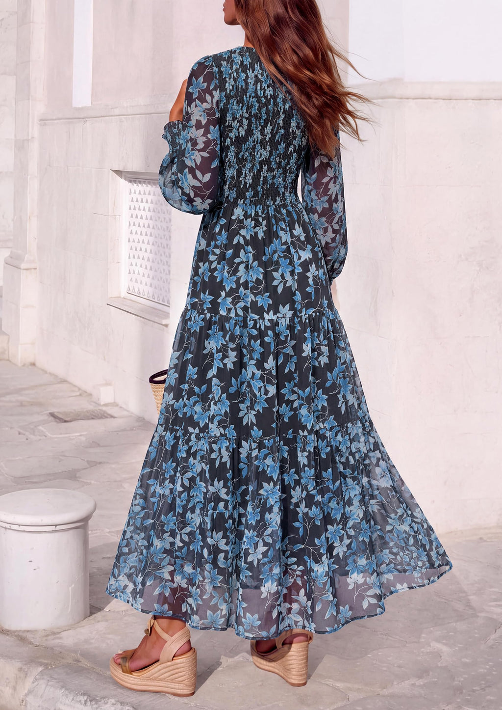 FreshPretty Womens Flroal Long Sleeve Dress Boho A Line Fall Maxi Dresses,Sheer Lantern Sleeve, Lined & Pockets, Smocked Front Back, High Waisted Flowy Long Dress, Tiered Fall Wedding Guest Dresses