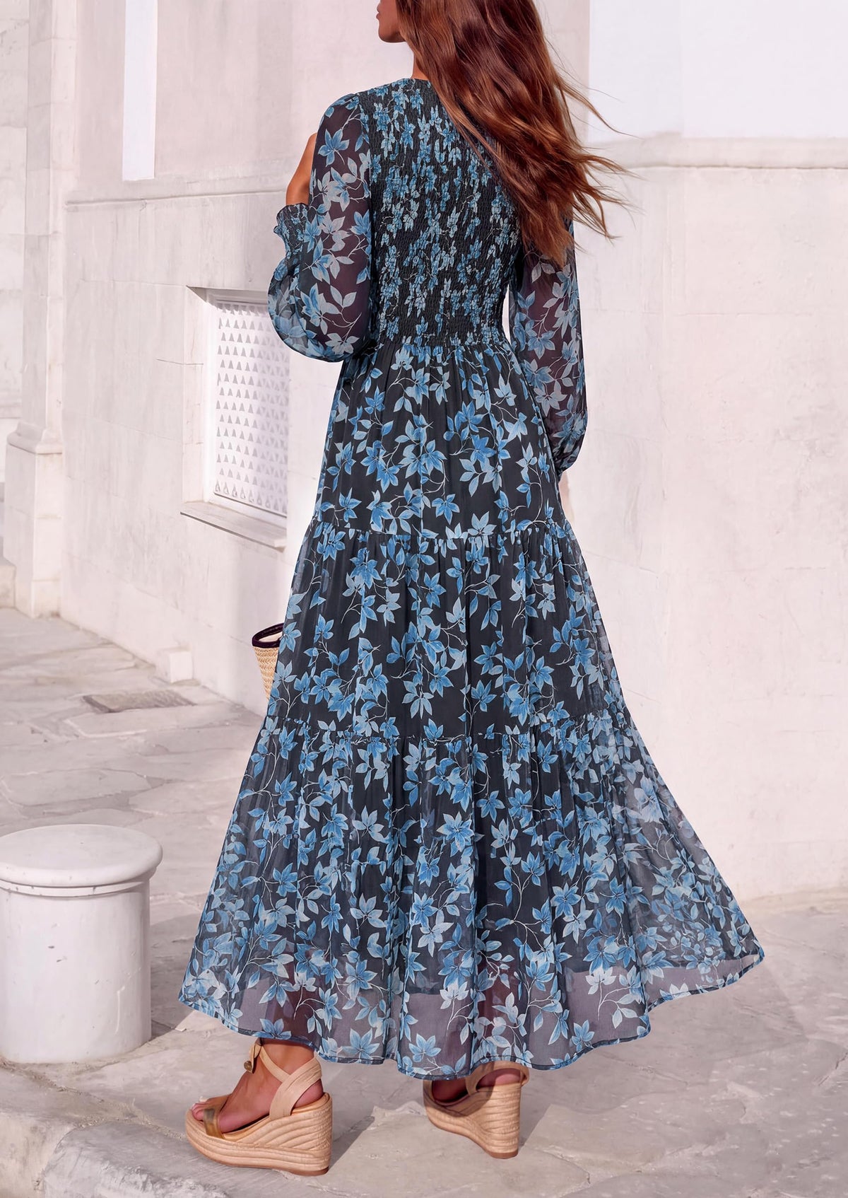 FreshPretty Womens Flroal Long Sleeve Dress Boho A Line Fall Maxi Dresses,Sheer Lantern Sleeve, Lined & Pockets, Smocked Front Back, High Waisted Flowy Long Dress, Tiered Fall Wedding Guest Dresses