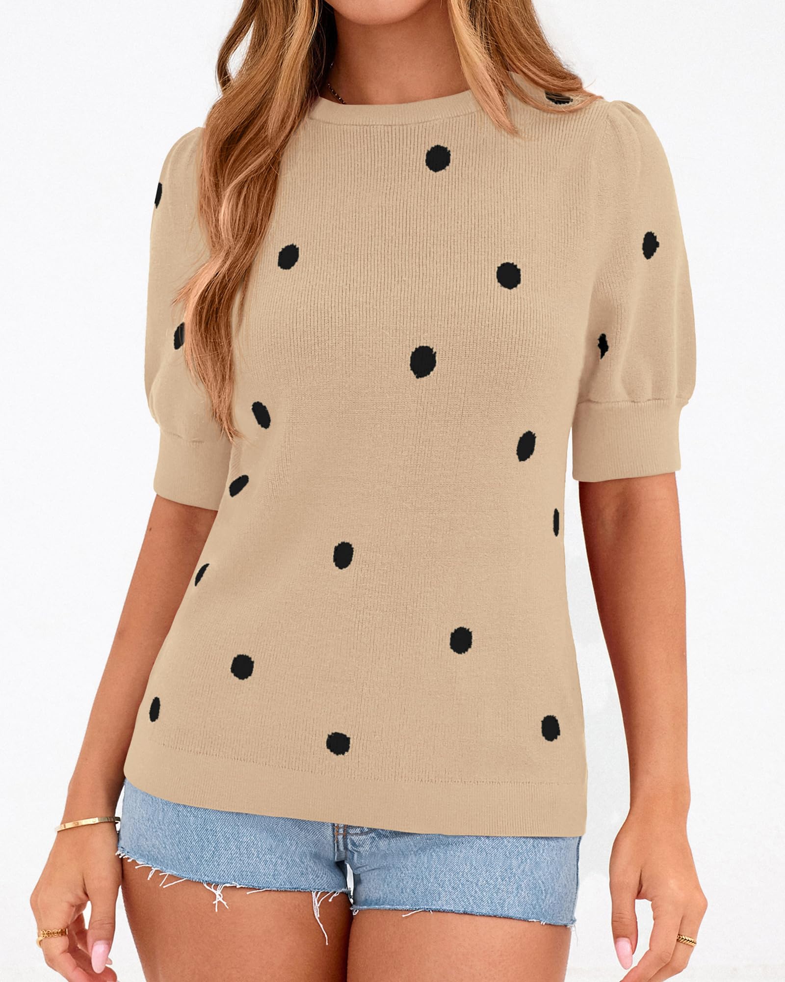 BTFBM Womens Sweaters Polka Dot Short Sleeve Sweater for Women Crew Neck Knit Summer Tops Business Dressy Casual Blouses