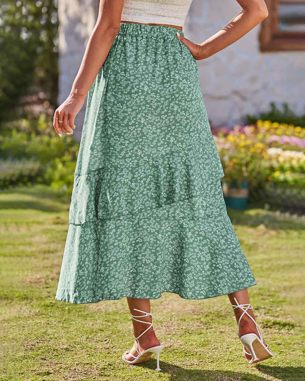 BTFBM Women Spring Summer Long Skirts Dress Boho Floral Elastic Waist Split Ruffle High Low Beach Maxi Skirt Clothes