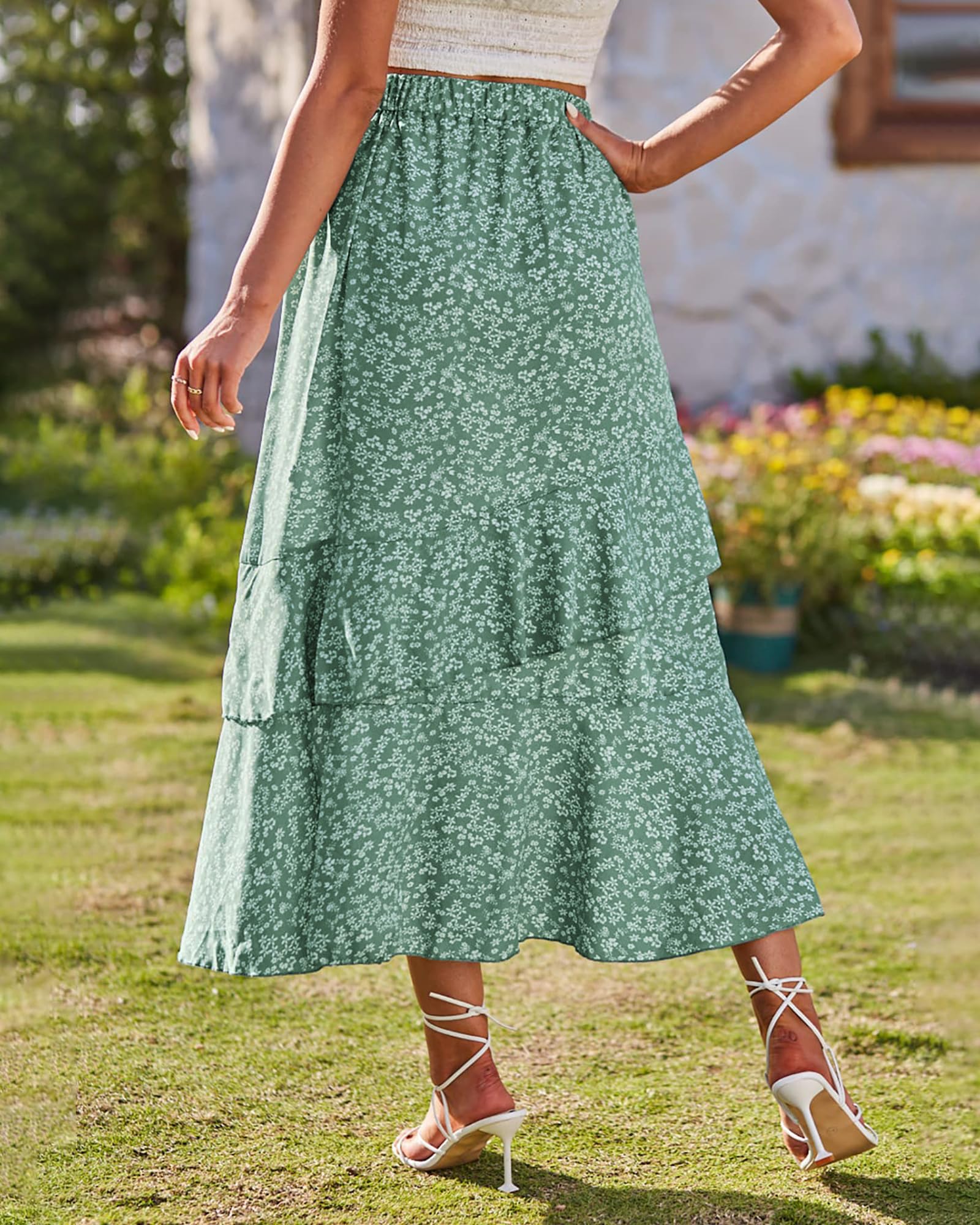 BTFBM Women Spring Summer Long Skirts Dress Boho Floral Elastic Waist Split Ruffle High Low Beach Maxi Skirt Clothes