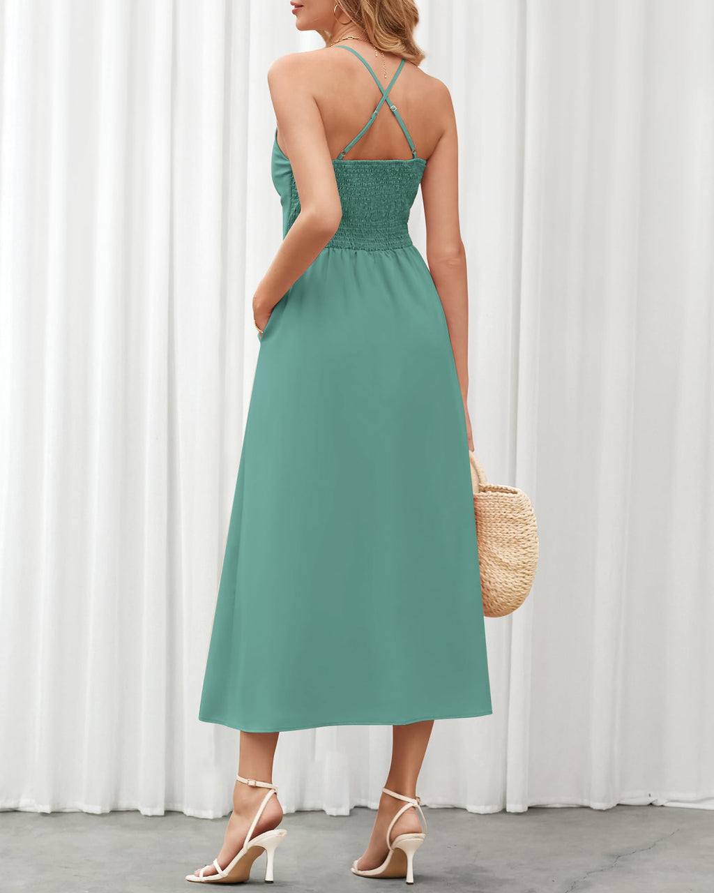 BTFBM Women Spaghetti Strap Midi Summer Dresses Sleeveless V Neck Cutout Slit Casual Beach Party Maxi Dress Pockets