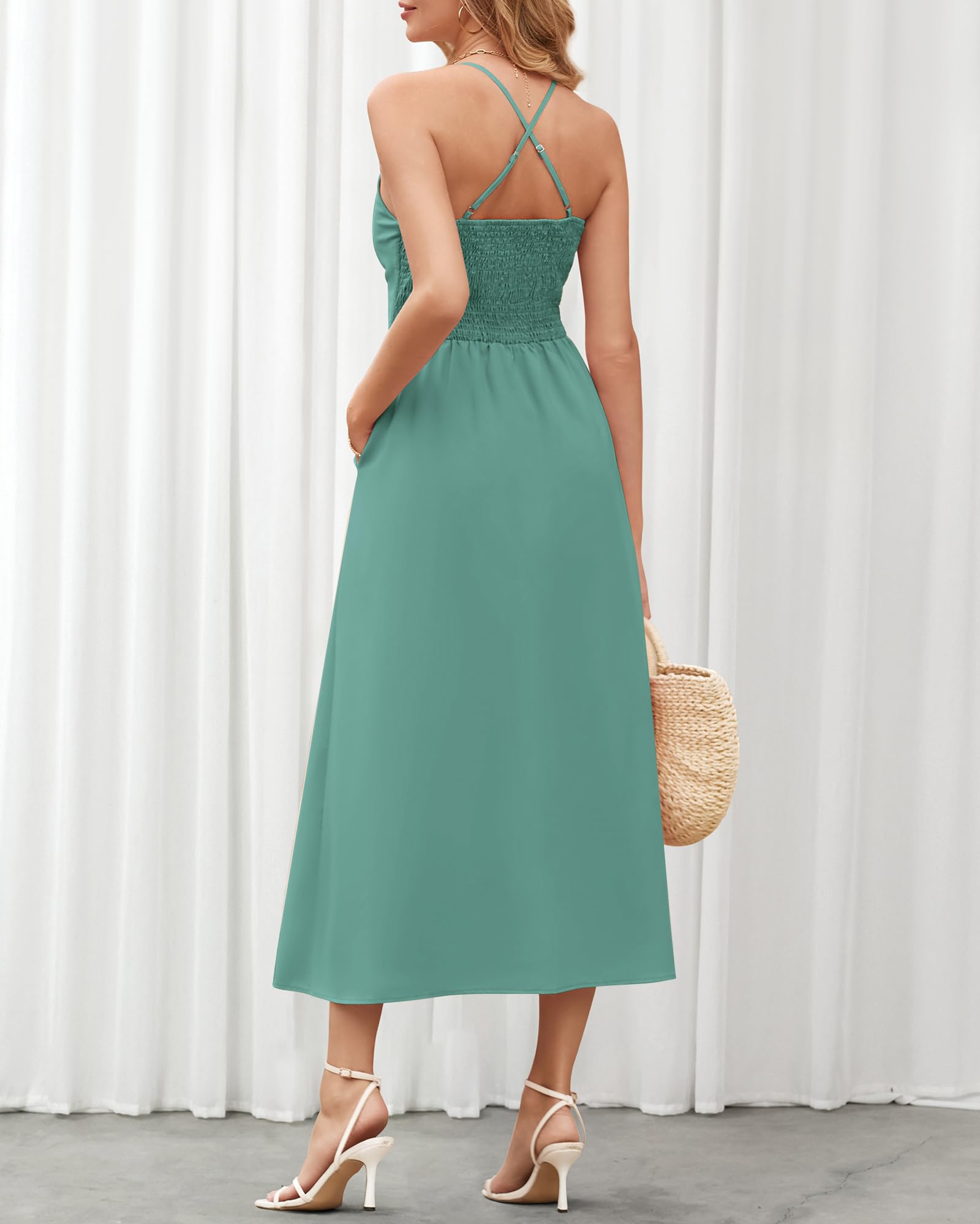 BTFBM Women Spaghetti Strap Midi Summer Dresses Sleeveless V Neck Cutout Slit Casual Beach Party Maxi Dress Pockets