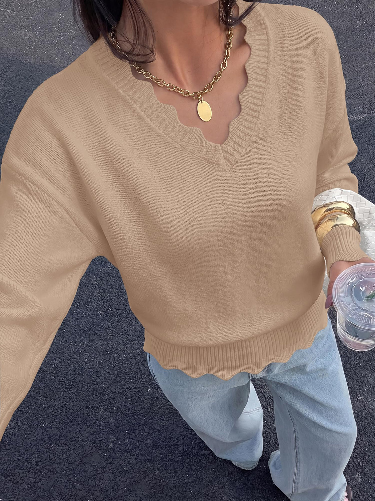 BTFBM Fall Long Sleeve Sweaters for Women | V Neck,Drop Shoulders,Scallop Edges,Lightweight Knit Sweaters Top,Daily Wear,Holiday,Christmas,Winter Clothing