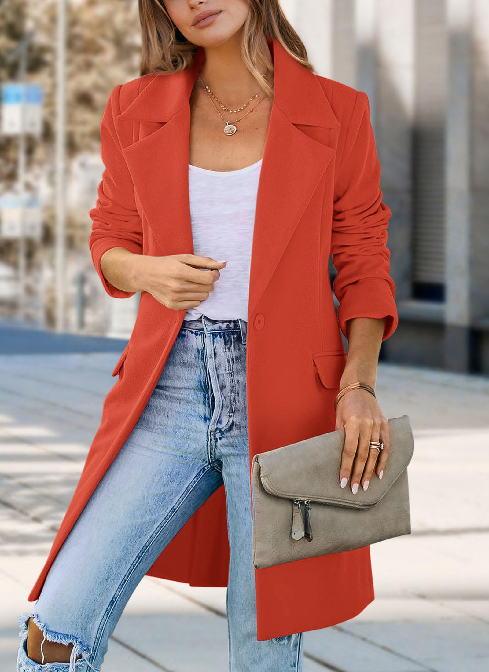 PRETTYGARDEN Women's Spring Fall Long Blazer Jackets Long Sleeve Lapel Pockets Loose Fit Work Casual Blazers Outerwear