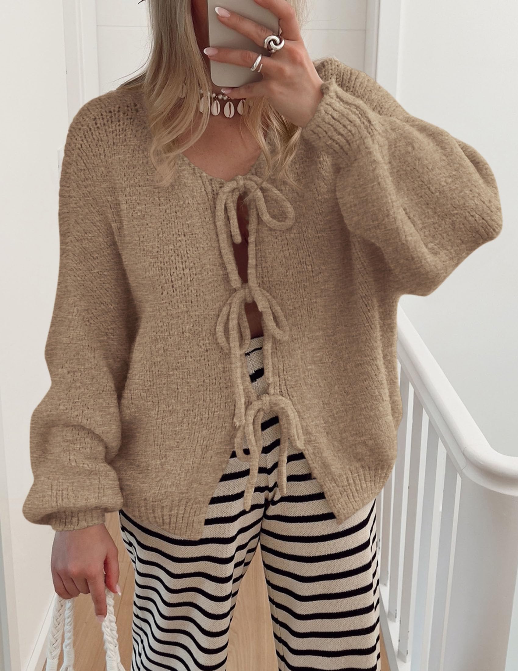 PRETTYGARDEN Women's Tie Front Bow Cardigan Sweaters Chunky Knit Long Puff Sleeve Trendy Fall Winter Jacket Coat