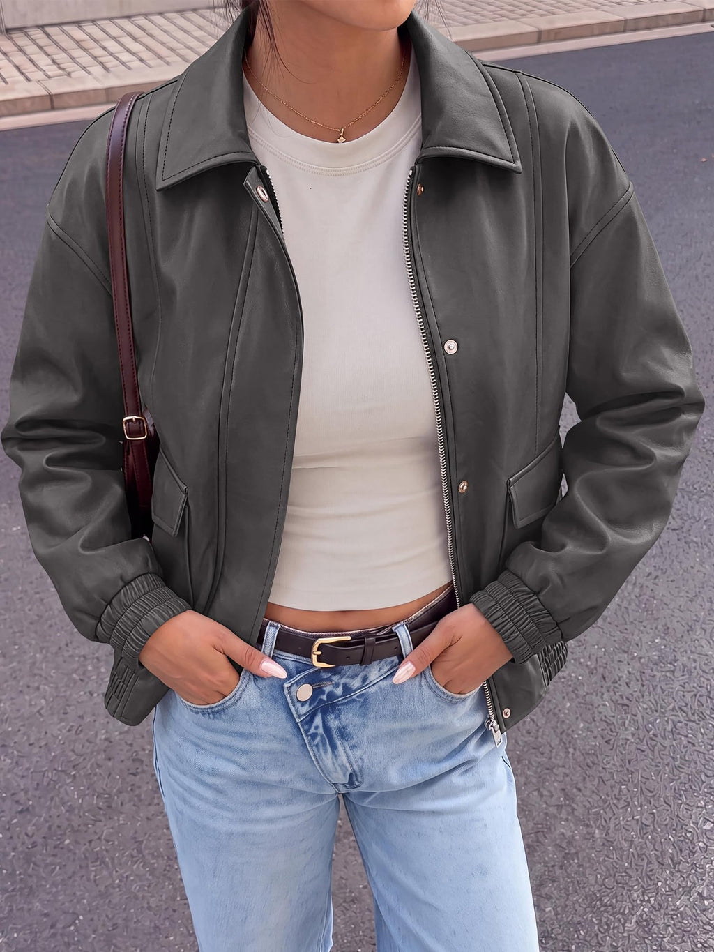 BTFBM Faux Leather Jacket Women Fall Clothes Long Sleeve, Bomber Jackets, Snaps, Pockets, Oversized, Zip Up Motorcycle Outerwear, Airport, Going Out Outfits, Winter Coat