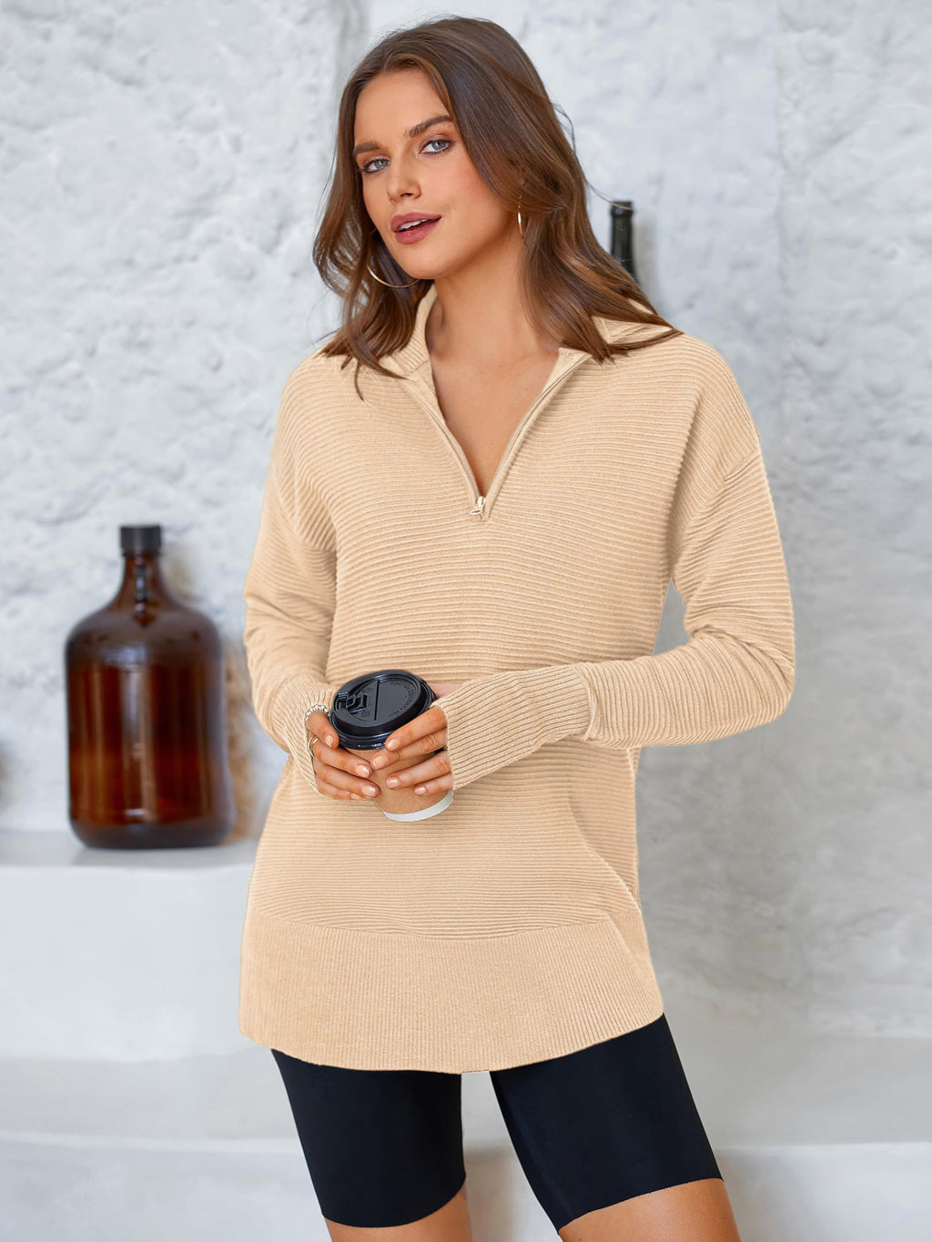 PRETTYGARDEN Womens Long Sleeve Quarter Zip Pullover Sweater Casual Loose V Neck Collared Ribbed Knit Jumper Tops Thumb Hole