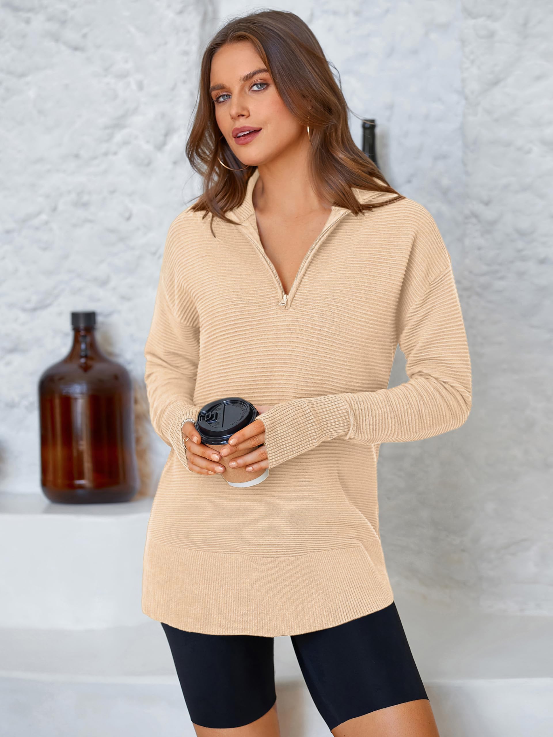 PRETTYGARDEN Womens Long Sleeve Quarter Zip Pullover Sweater Casual Loose V Neck Collared Ribbed Knit Jumper Tops Thumb Hole