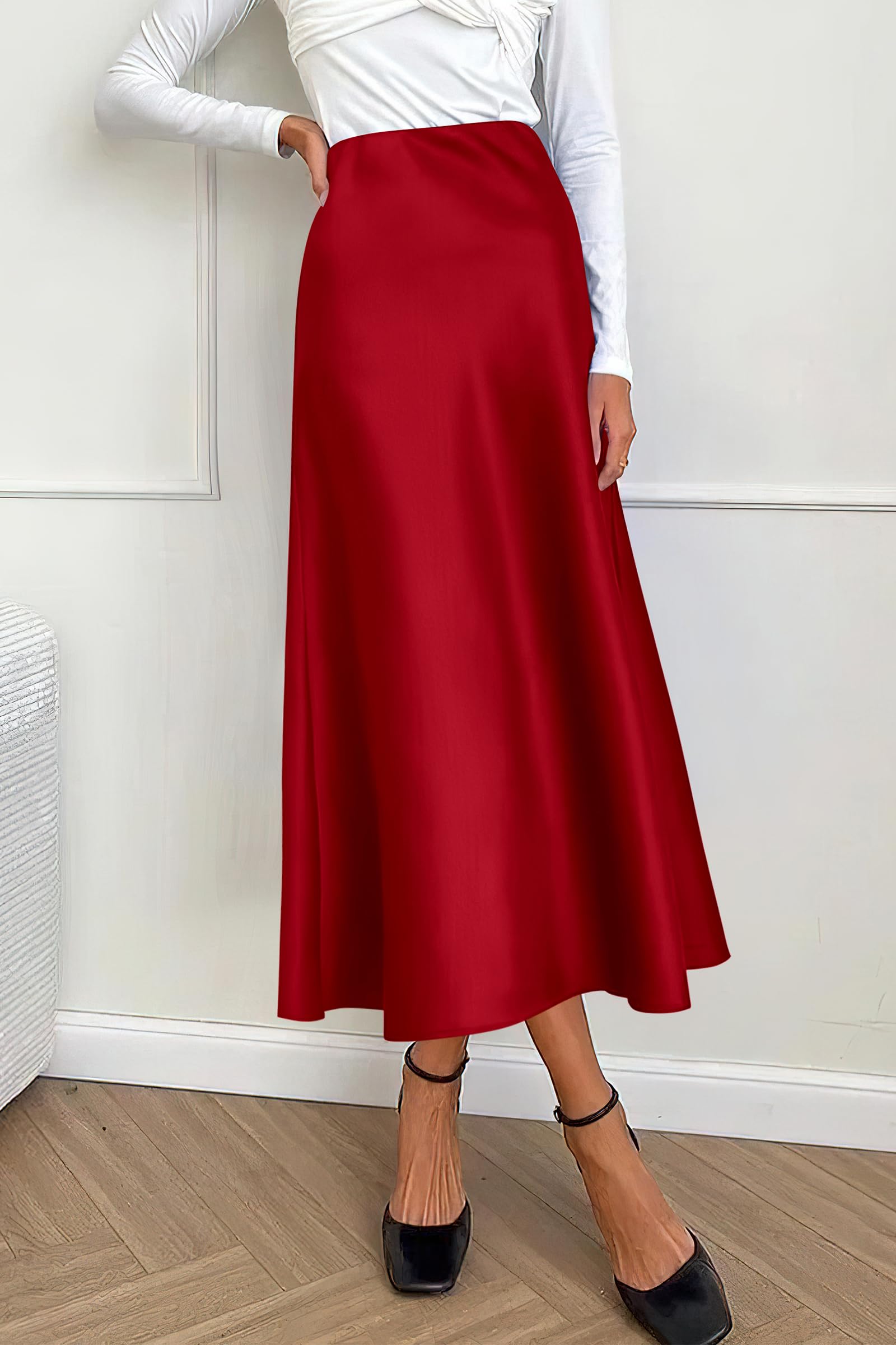 PRETTYGARDEN Women's Satin Skirts Dressy Casual Fall High Waisted Cocktail Wedding Flowy Elegant A Line Midi Skirt