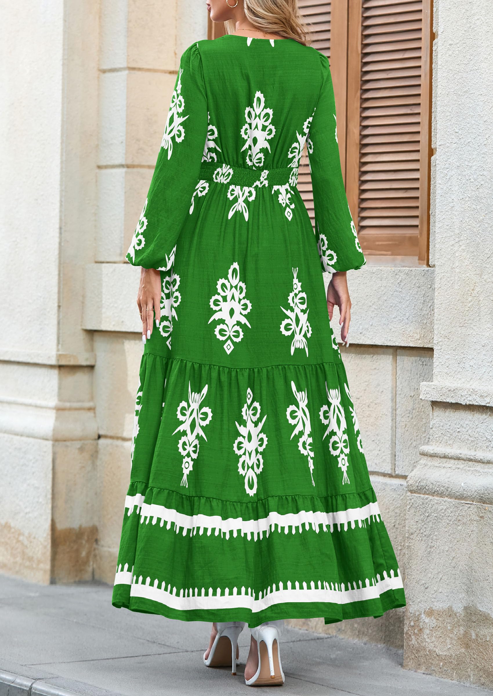 PRETTYGARDEN Women's Fall Wedding Guest Dresses Boho Floral Long Sleeve V Neck Flowy Elegant Maxi Dress Beach Clothes