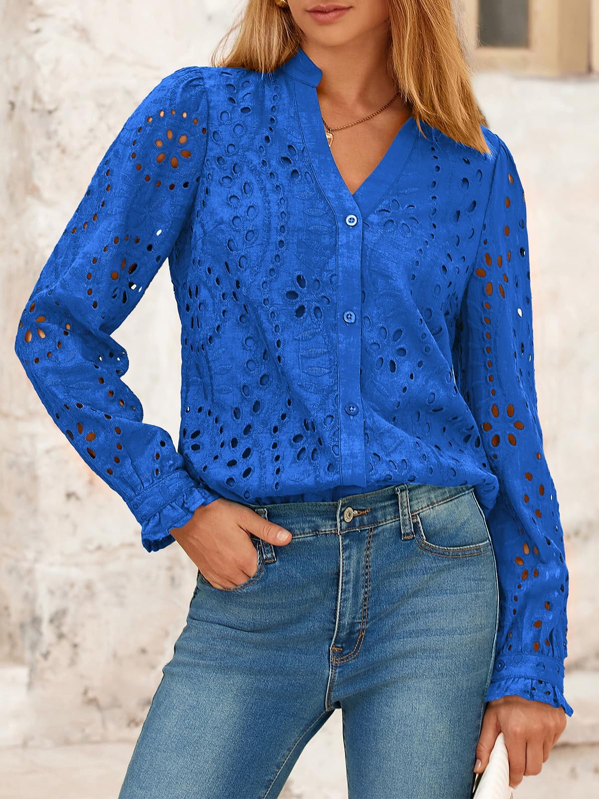 FreshPretty Women's Long Sleeve Shirts Button Down Dressy Casual Blouses V Neck Embroidery Hollow Out Tops Fall Winter Clothes