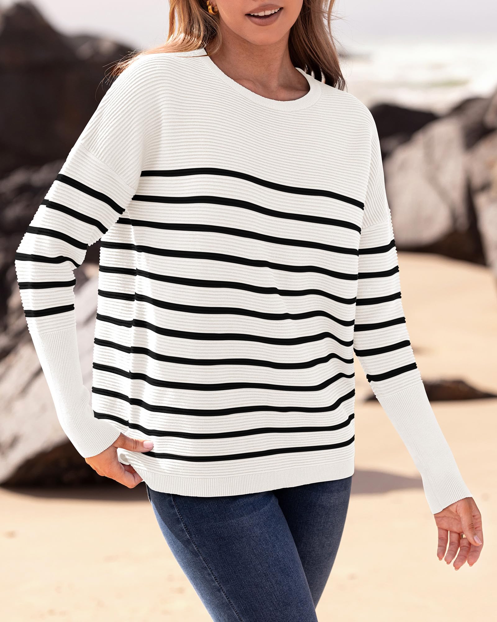 FreshPrettyFall Sweaters for Women Casual Long Sleeve Sweater Striped Loose Fit Pullover Tops