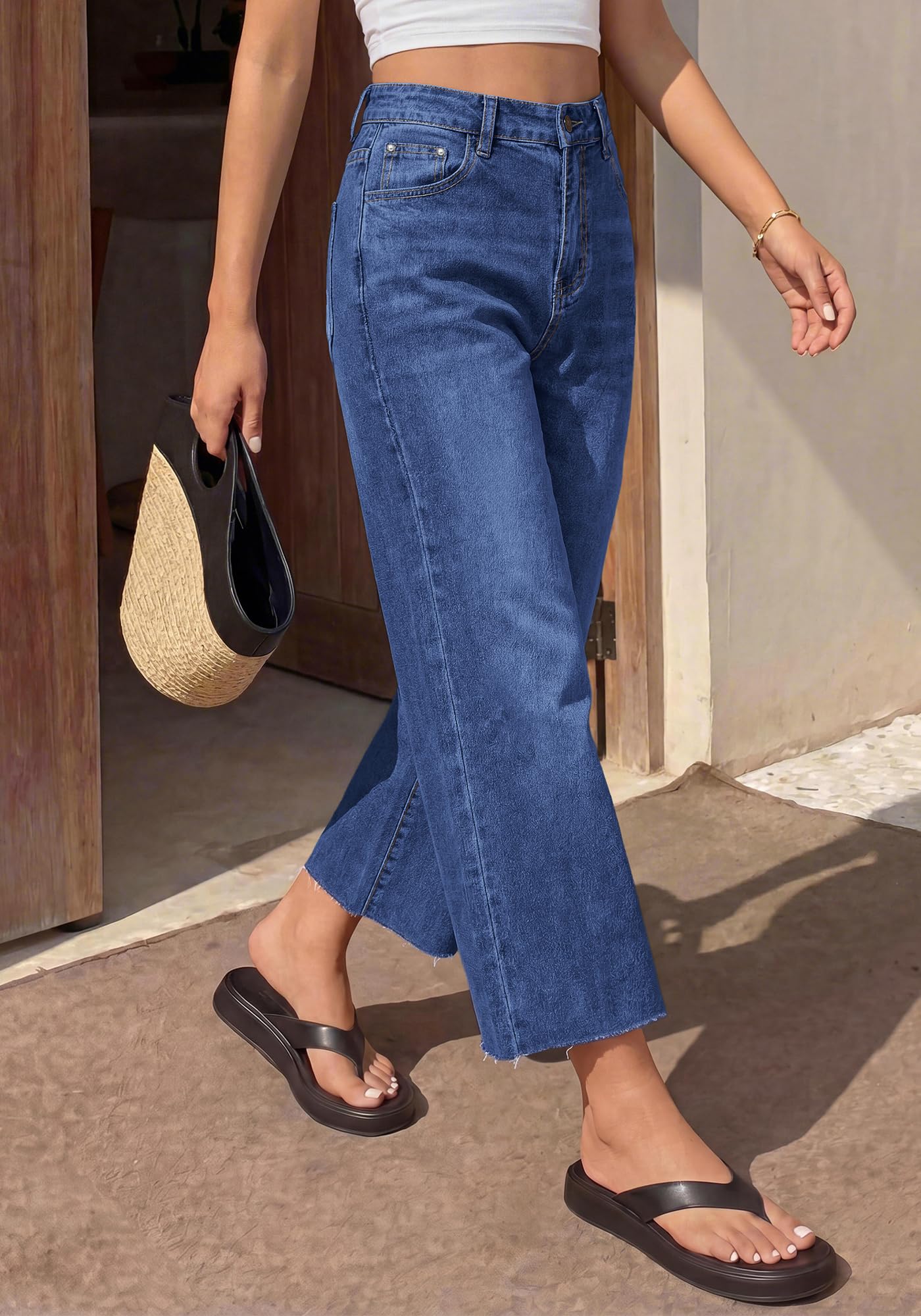 BTFBM Jeans for Women Summer High Waisted Button Straight Leg Stretchy Cropped Raw Hem Trendy Denim Pants Pockets