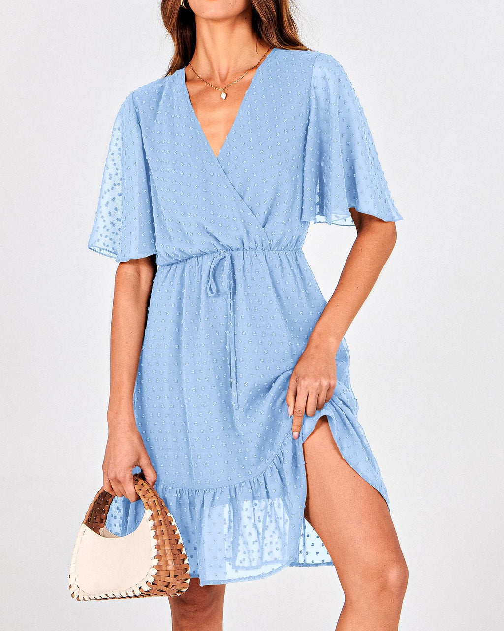 FreshPretty Women's Summer Dresses Casual Short Sleeve V Neck Ruffle Floral Print High Waist Flowy Mini Dress with Belt