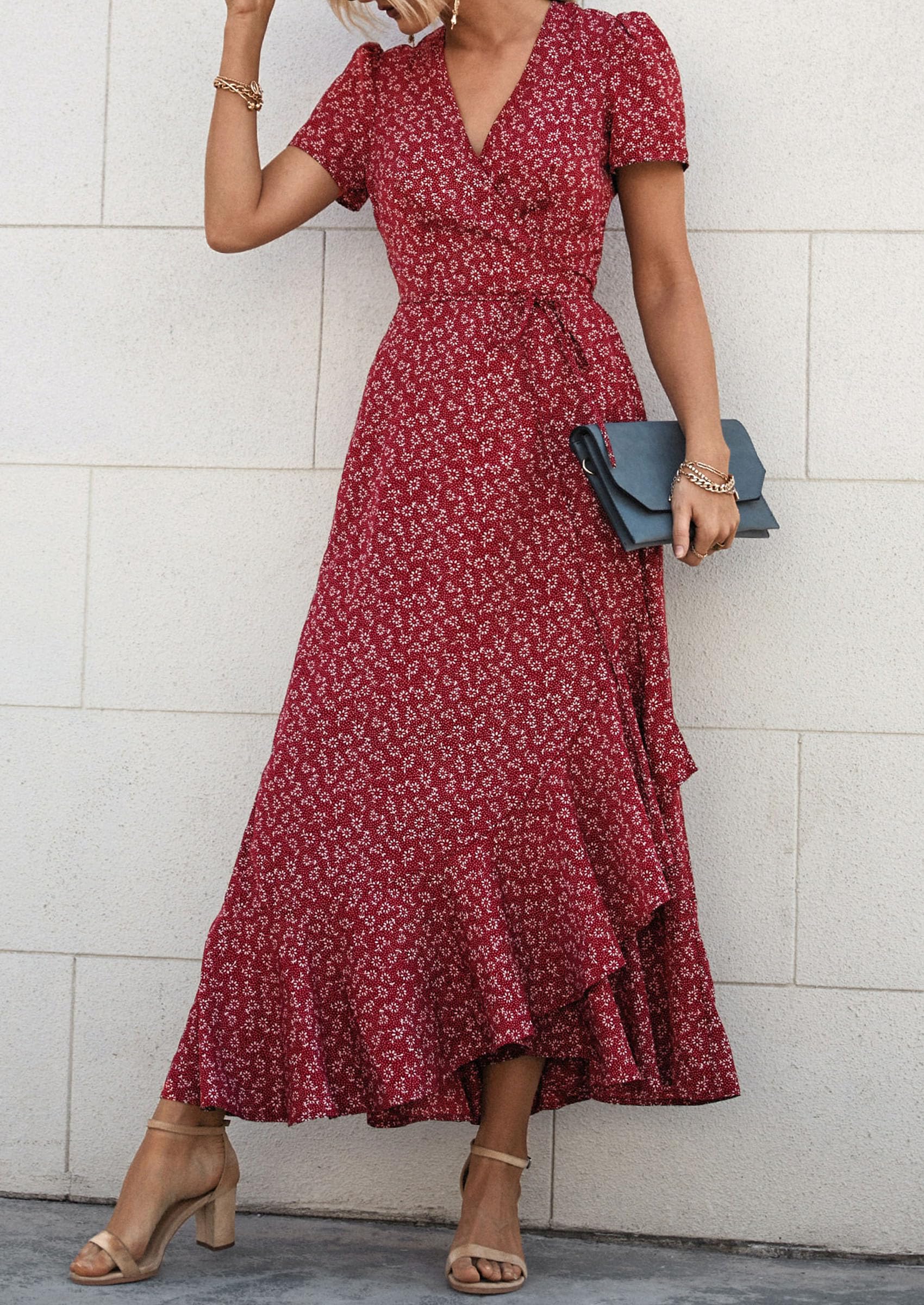 PRETTYGARDEN Women's Summer Maxi Dress Casual Wrap Floral Boho Short Sleeve V Neck Split Ruffle Beach Long Dresses