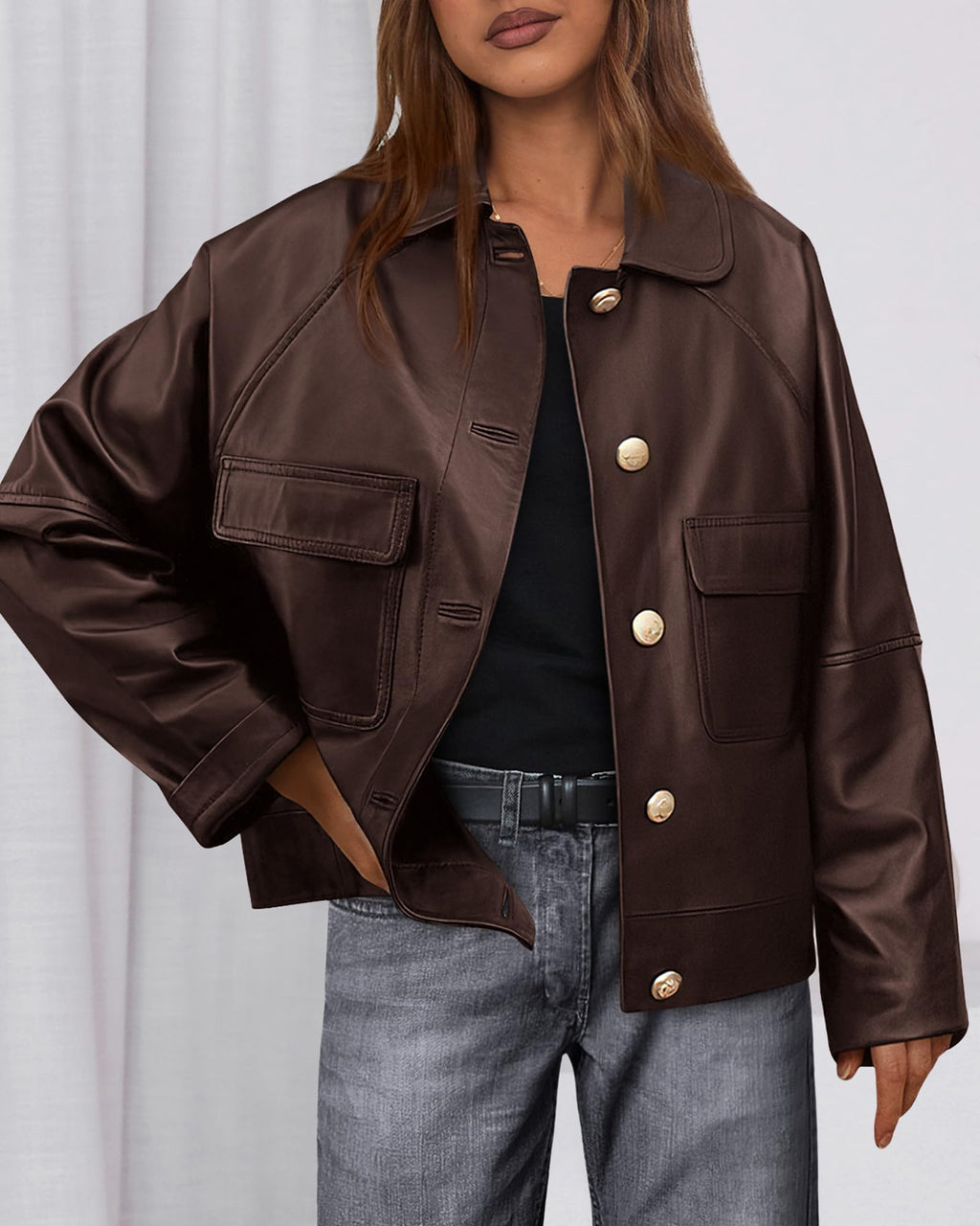 FreshPretty Leather Jacket Women Fall Clothes Long Sleeve Button Down Winter Coats Oversized Motorcycle Outwear