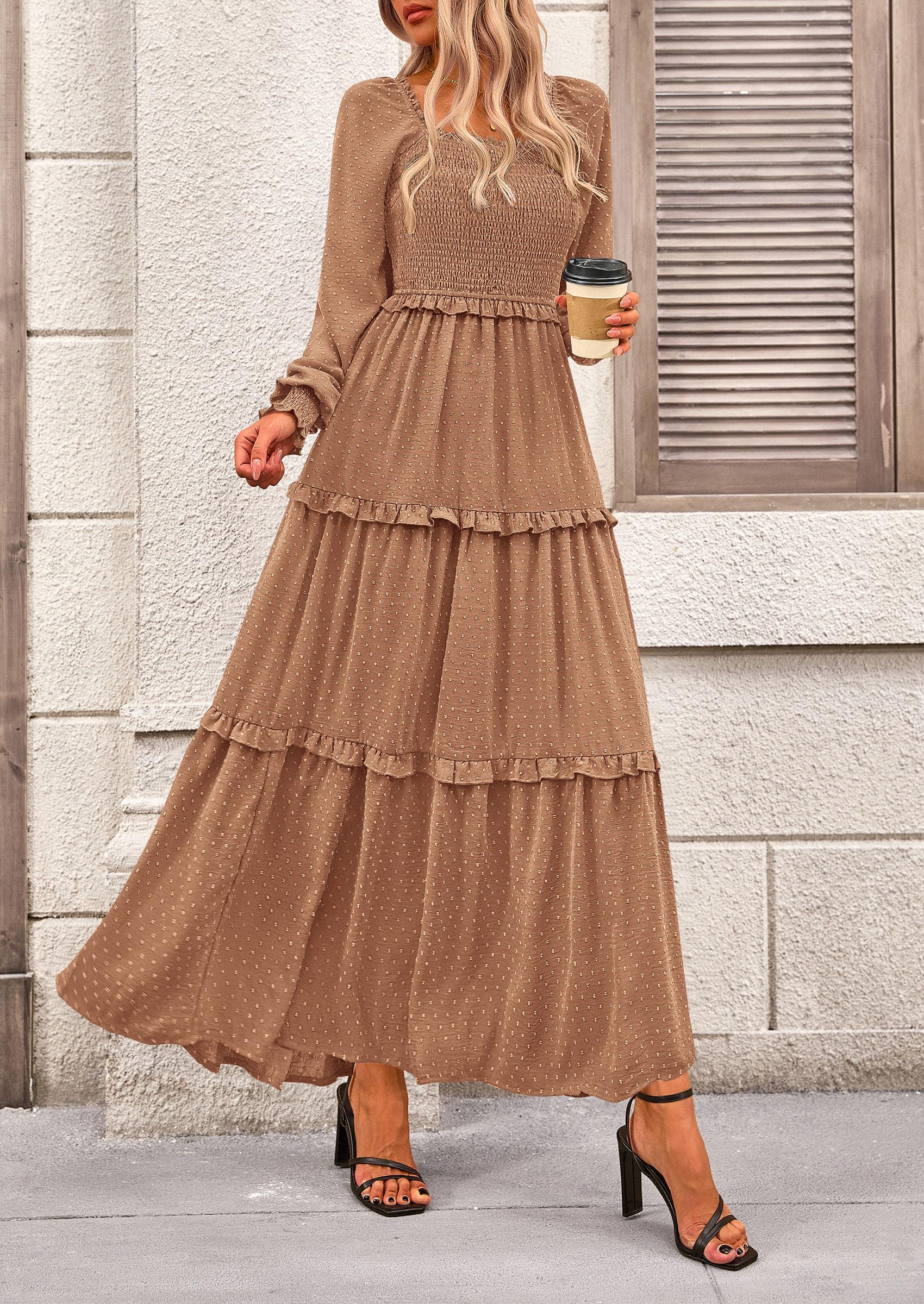 PRETTYGARDEN Fall Dresses for Women Long Sleeve Smocked Square Neck Swiss Dot Tiered Flowy Wedding Guest Maxi Dress