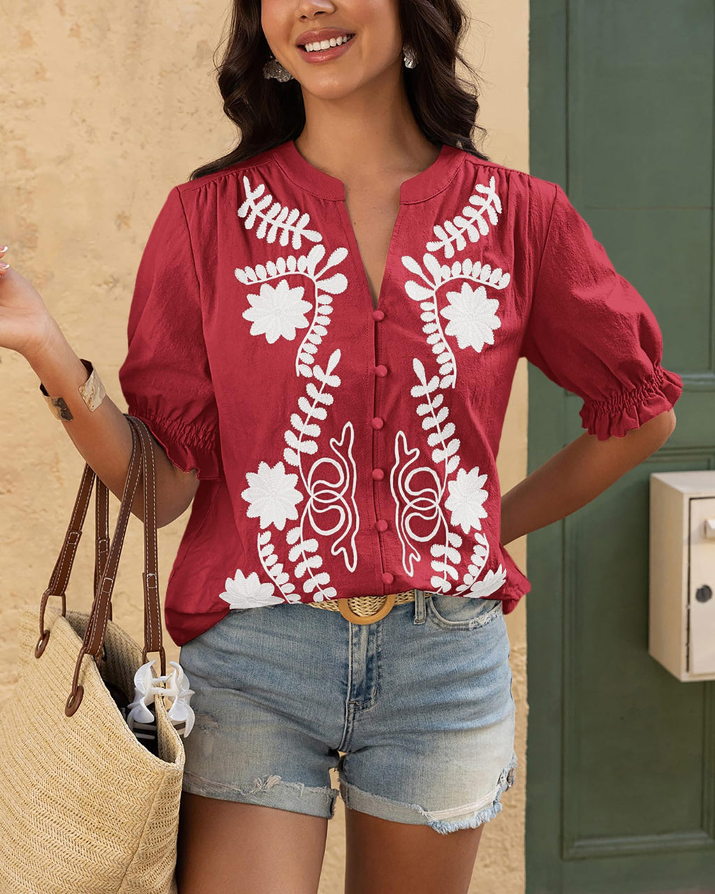BTFBM Women's Spring Tops Casual Floral Boho V Neck Puff Short Sleeve Button Down Shirts Embroidered Blouses Tunic