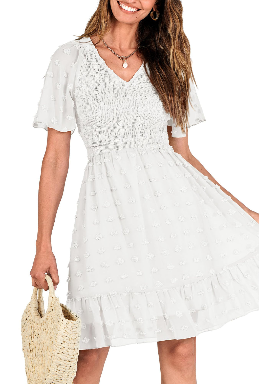 FreshPretty Womens Beach Vacation Dress Summer V Neck Short Sleeve Smocked Swiss Dot Cute Ruffle Casual Fall Mini Dresses