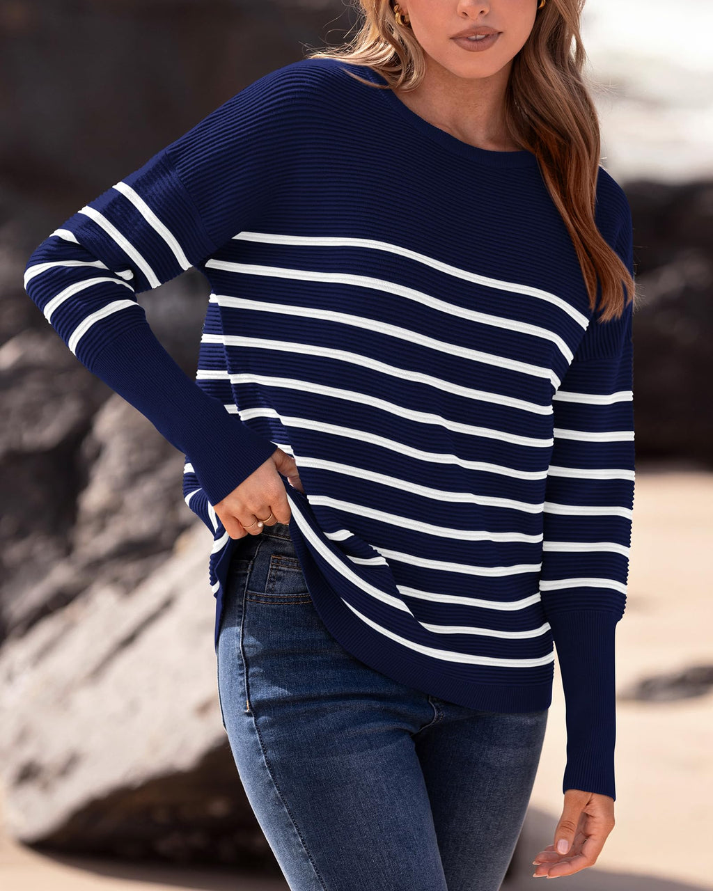 FreshPrettyFall Sweaters for Women Casual Long Sleeve Sweater Striped Loose Fit Pullover Tops