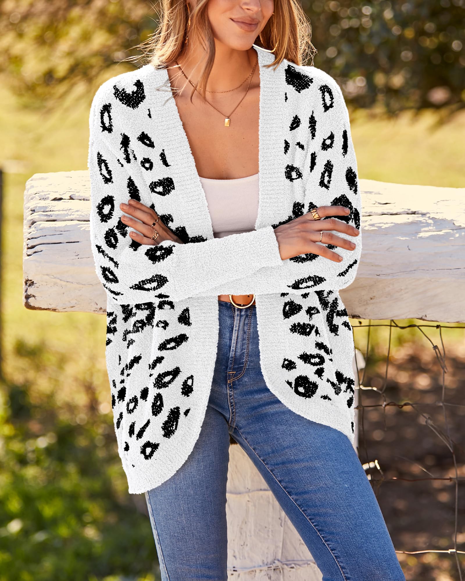 FreshPretty Leopard Cardigan for Women Long Sleeve Open Front Cardigans Sweaters Pockets Loose Knit Fall Winter Outwear