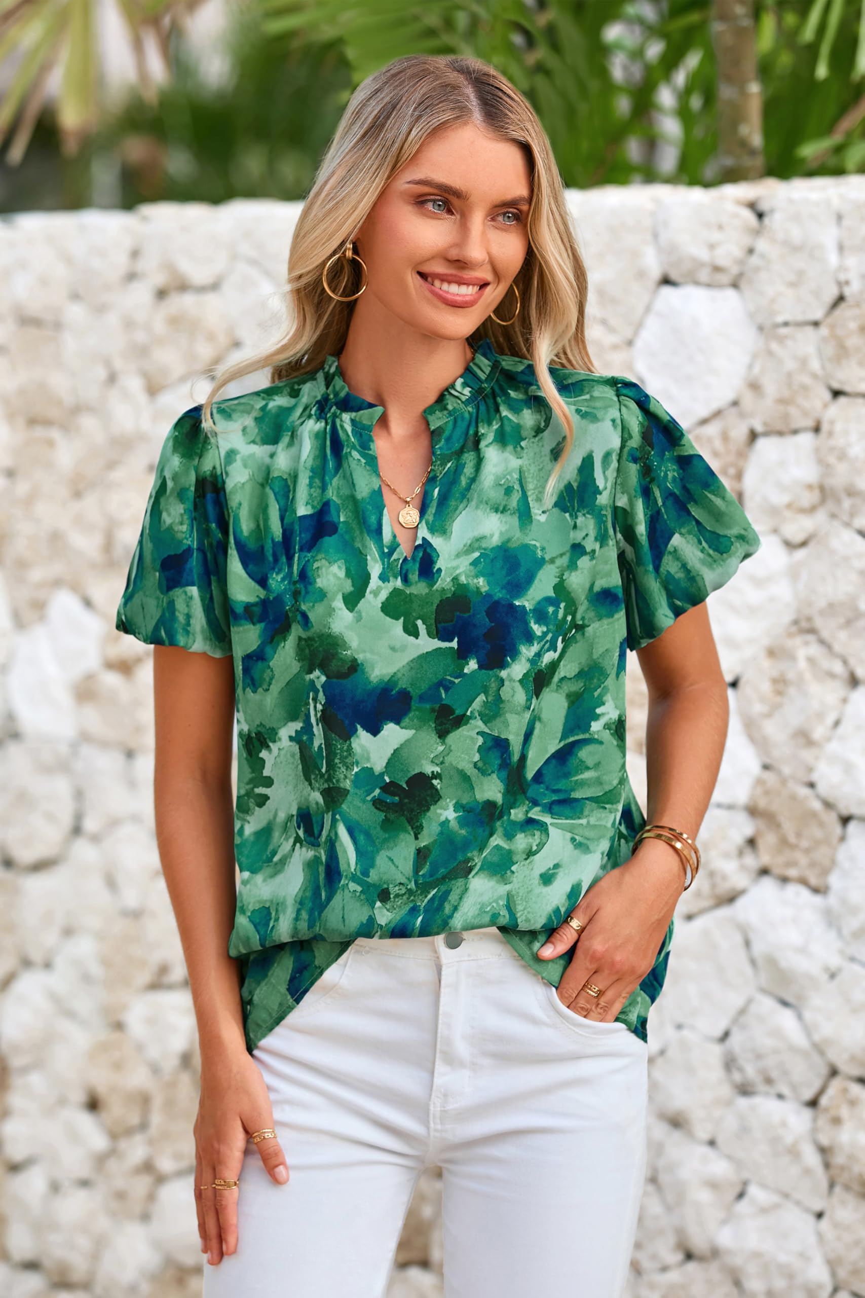 PRETTYGARDEN Boho Short Sleeve Floral Work Blouses for Women Dressy Casual V Neck Puff Sleeve Loose Chiffon Flowy Tops Shirts