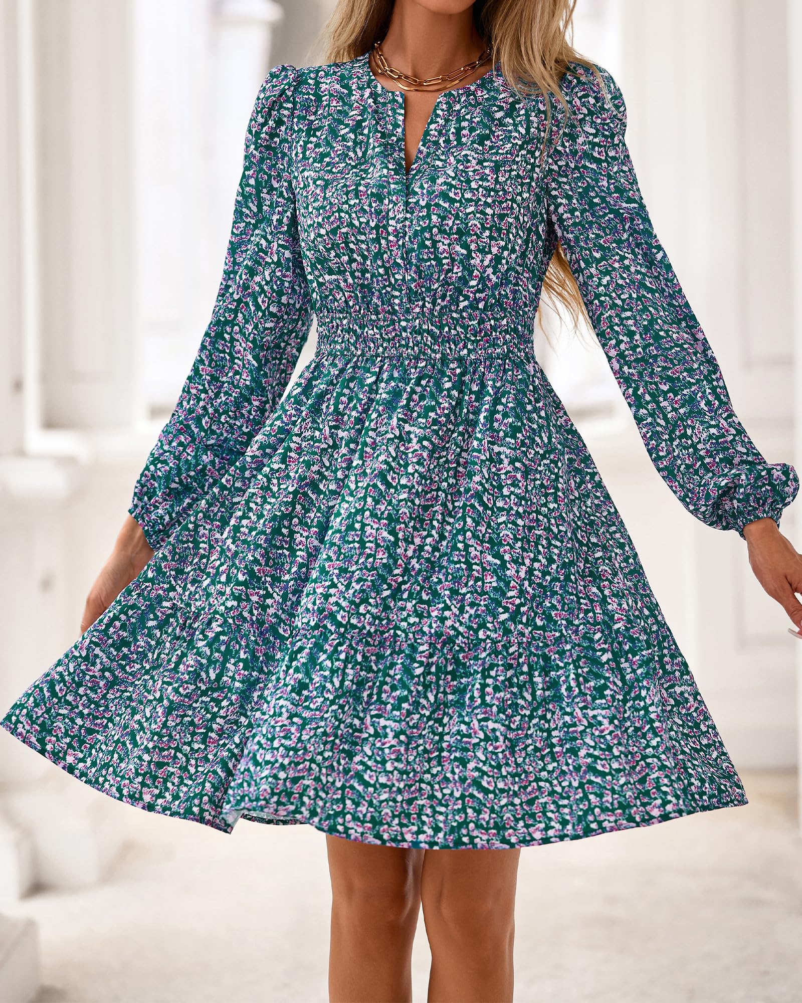 BTFBM Spring Dresses for Women Mini Long Sleeve Elastic Waist Summer Vacation Outfits Floral Wedding Guest Dress