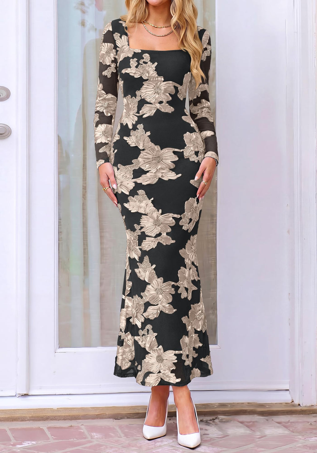 BTFBM Womens Long Sleeve Bodycon Floral Mesh Maxi Fall Wedding Guest Dress Semi Formal Dresses For Bridal Shower, Engagement, Cocktail, Homecoming, Prom, Birthday Party, Date Night Outfits, Lined