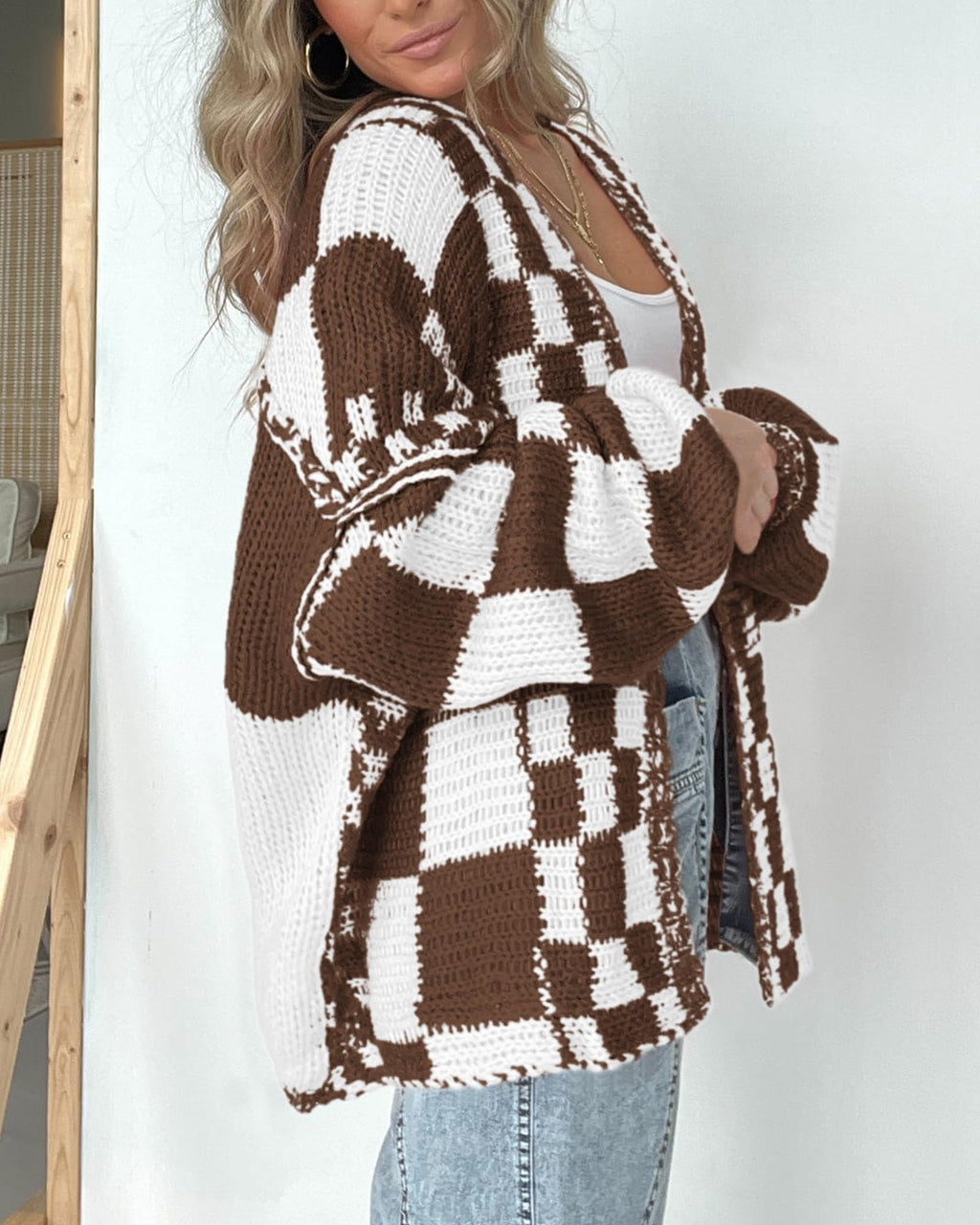 FreshPretty Casual Cardigan Sweater for Women Fall Long Sleeve Open Front Chunky Knit Sweaters Checkered Outwear Coat