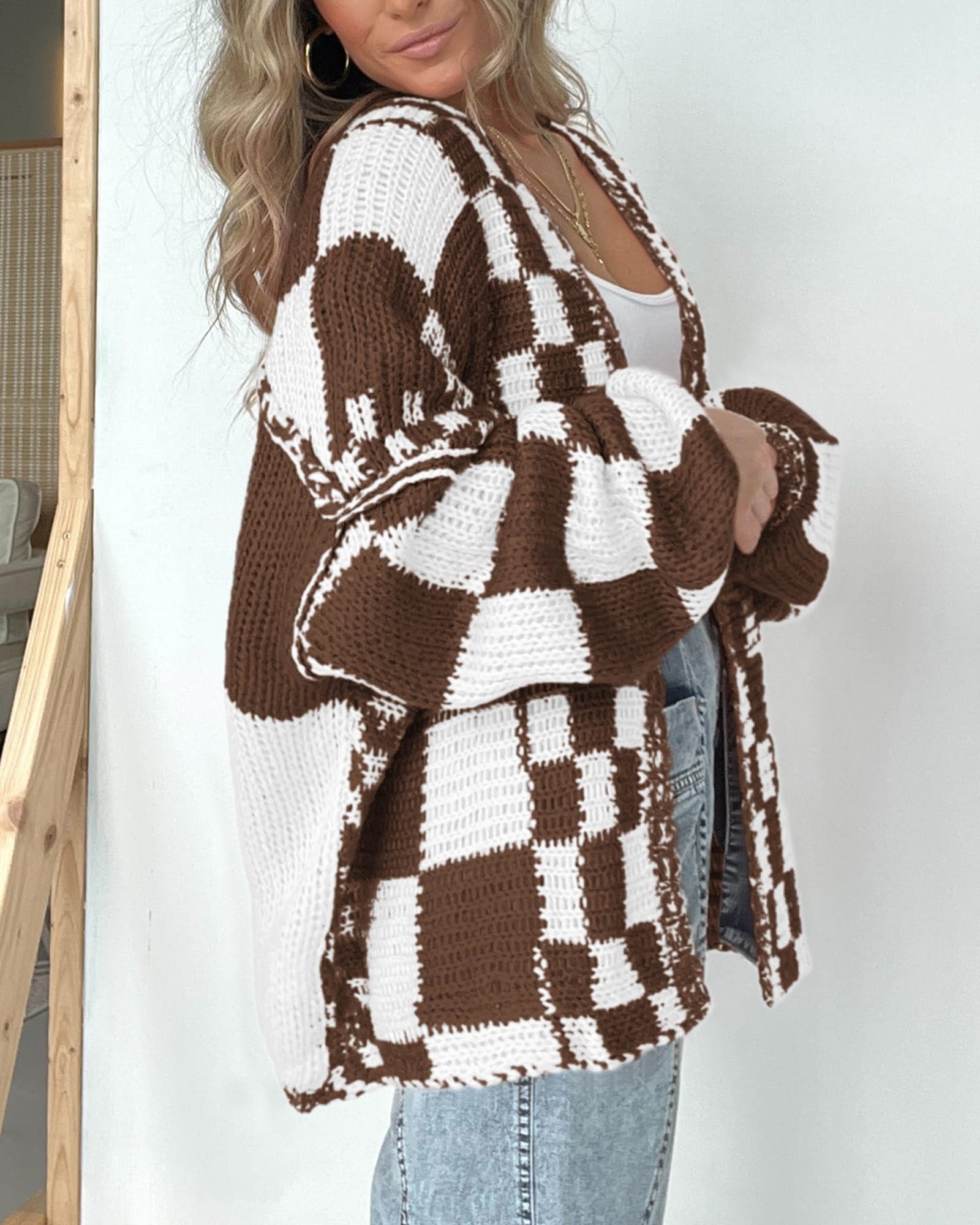 FreshPretty Casual Cardigan Sweater for Women Fall Long Sleeve Open Front Chunky Knit Sweaters Checkered Outwear Coat