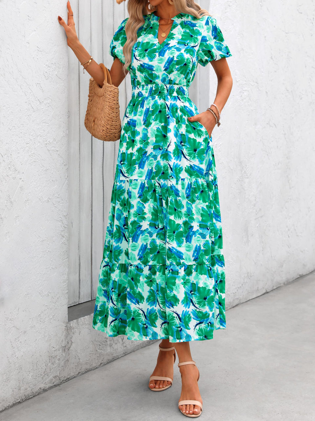 PRETTYGARDEN Summer Maxi Dresses for Women  Casual V Neck Puff Short Sleeve Smocked Flowy Beach Boho Long Floral Dress