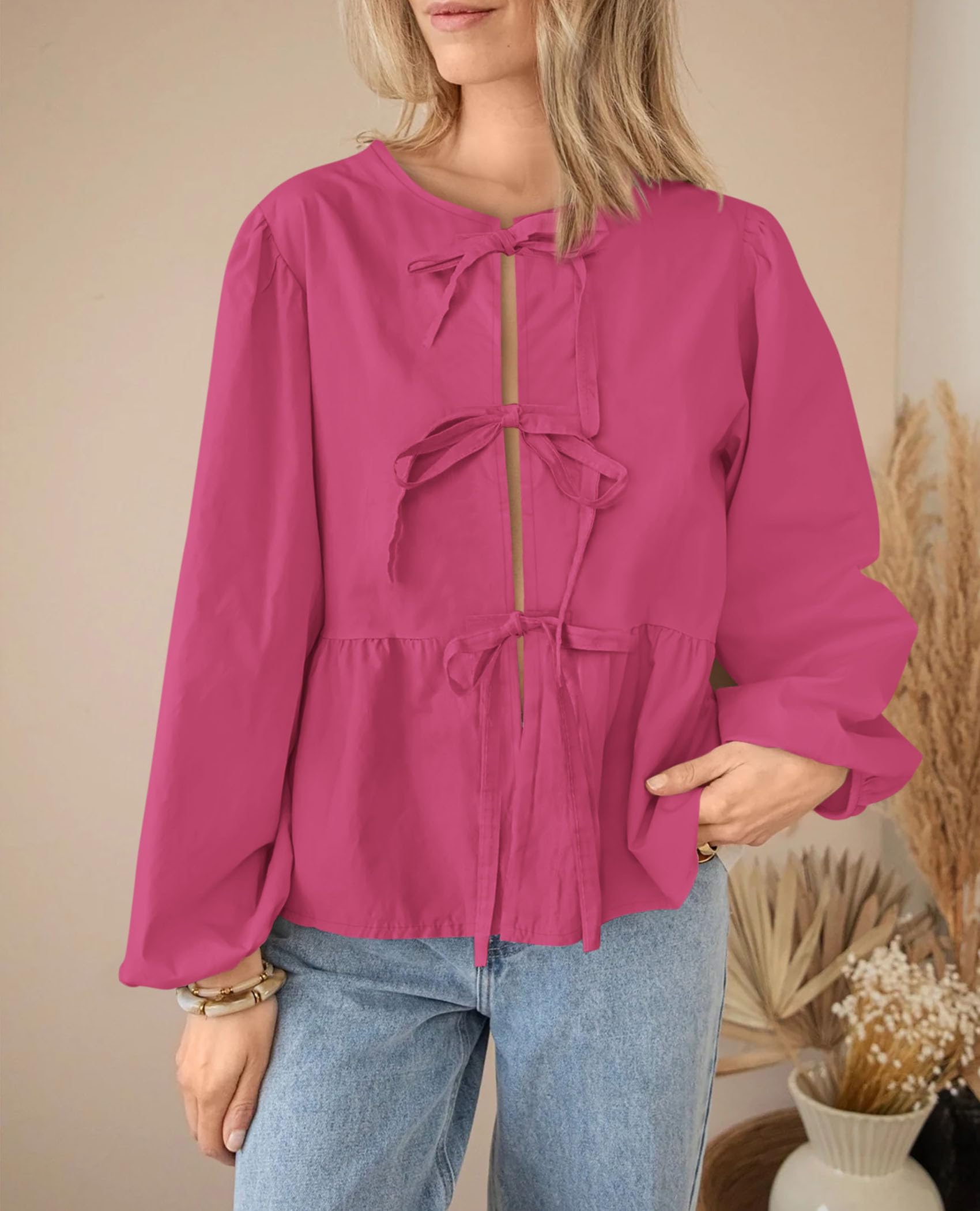 PRETTYGARDEN Women's Spring Fall Babydoll Peplum Blouse Shirt Puff Long Sleeve Bow Tie Front Trendy Cute Y2K Going Out Tops