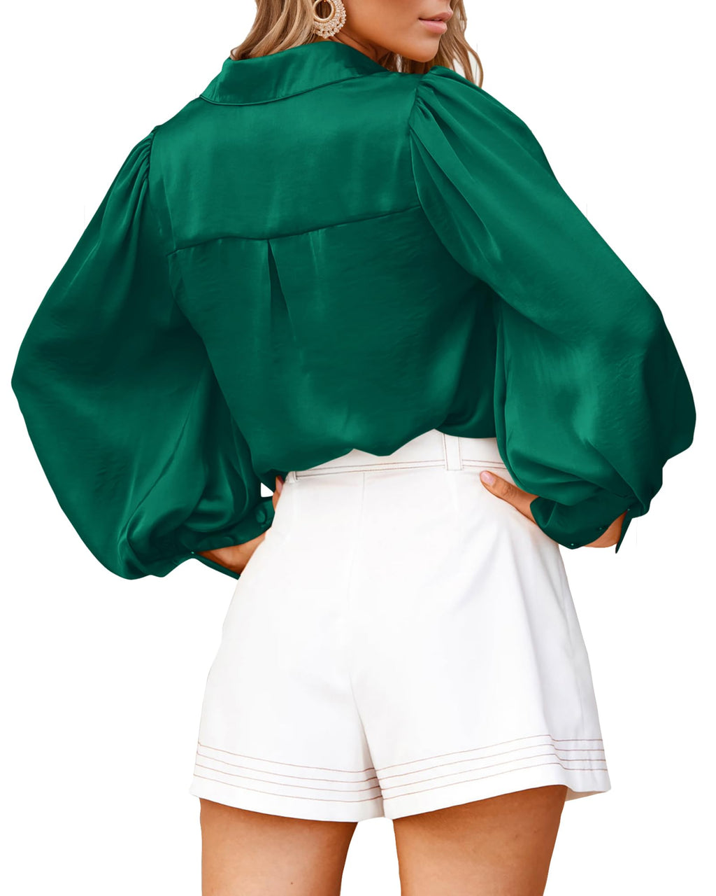 BTFBM Women Satin Blouses Summer Fall Clothes Button Down Lantern Long Sleeve Shirts Work Business Casual Dressy Tops