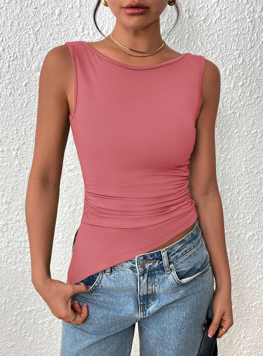 PRETTYGARDEN Womens Ruched Tank Tops  Summer Sleeveless Slim Fit T Shirts Blouses Going Out Y2K Fashion Clothes
