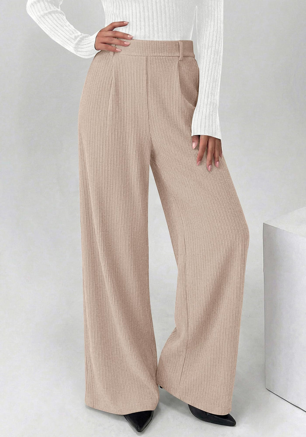 BTFBM Wide Leg Pants for Women Dressy Work Business Casual Elastic High Waisted Trousers Ribbed Lounge Palazzo Pants