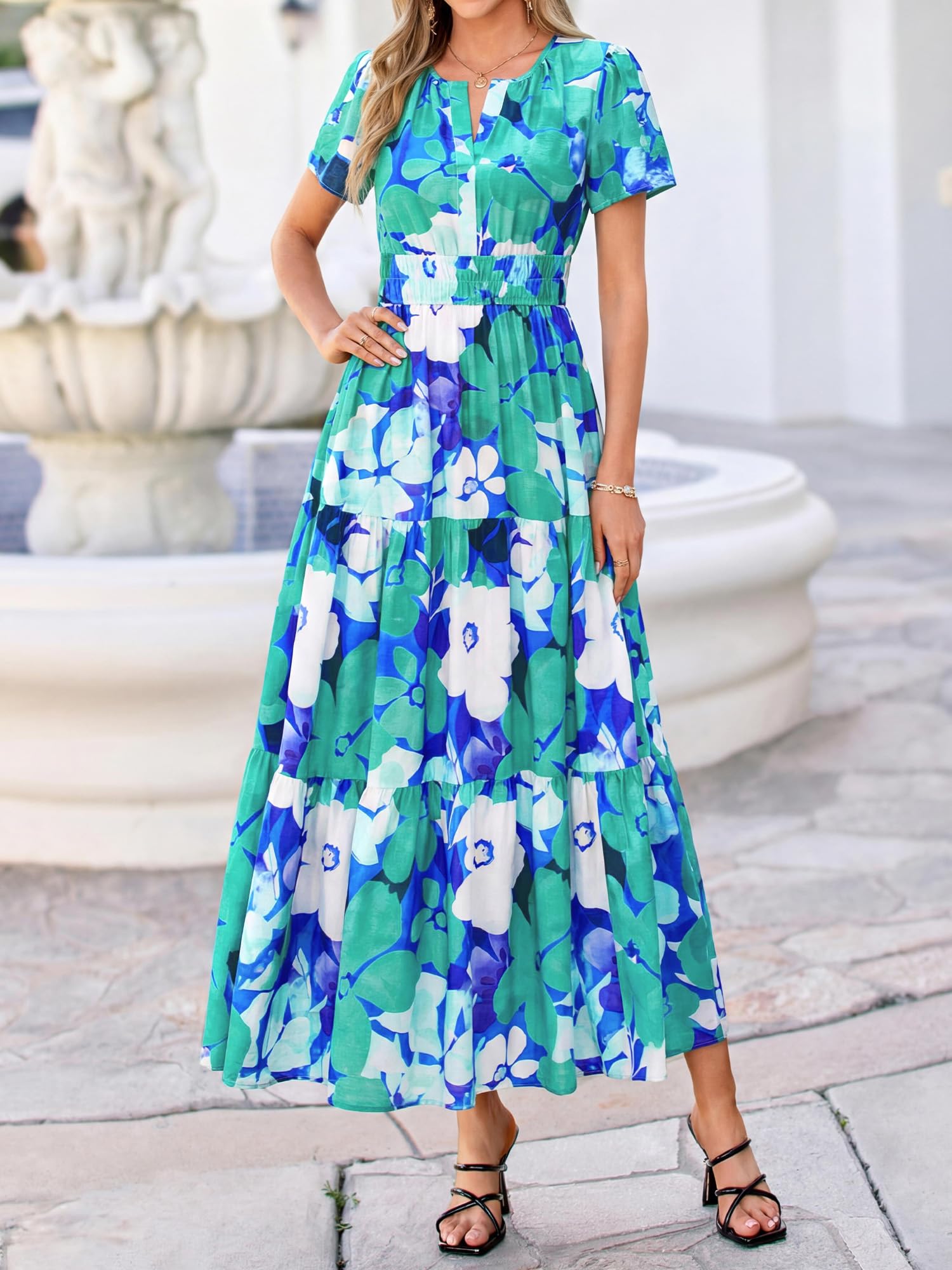 BTFBM Womens Summer Floral Maxi Dresses V Neck Short Sleeve Boho Casual Flowy Long Wedding Guest Dress Beach Vacation