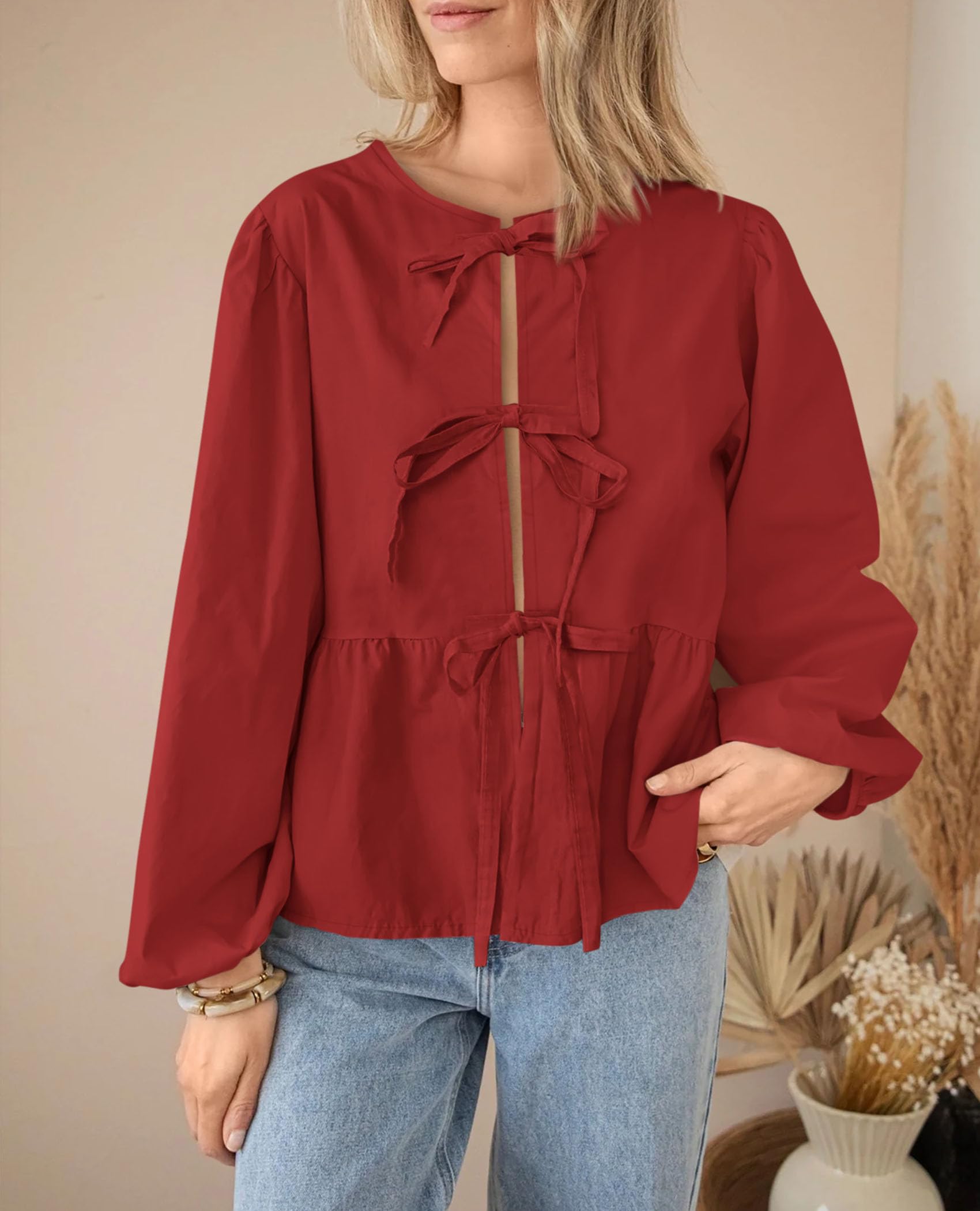 PRETTYGARDEN Women's Spring Fall Babydoll Peplum Blouse Shirt Puff Long Sleeve Bow Tie Front Trendy Cute Y2K Going Out Tops