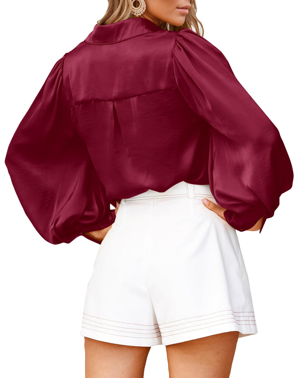 BTFBM Women Satin Blouses Summer Fall Clothes Button Down Lantern Long Sleeve Shirts Work Business Casual Dressy Tops