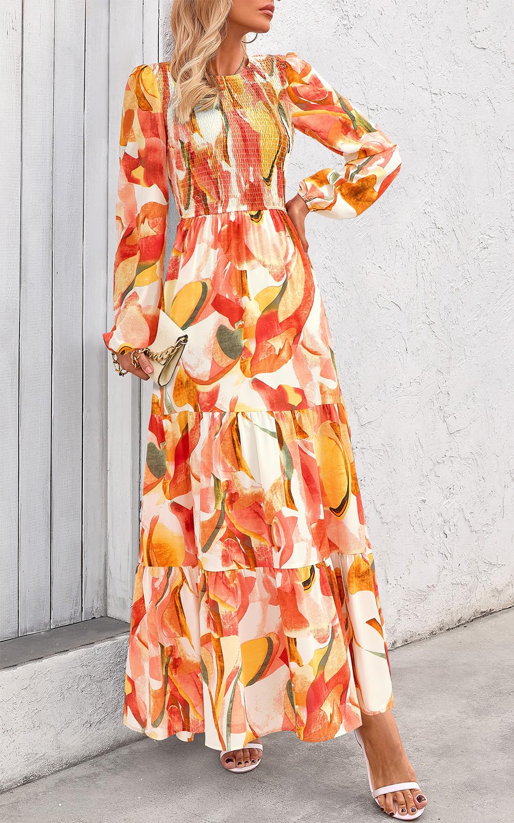 PRETTYGARDEN Women's Fall Dresses Long Sleeve Flowy Casual Floral Maxi Dress Crew Neck Smocked Tiered Long Dress