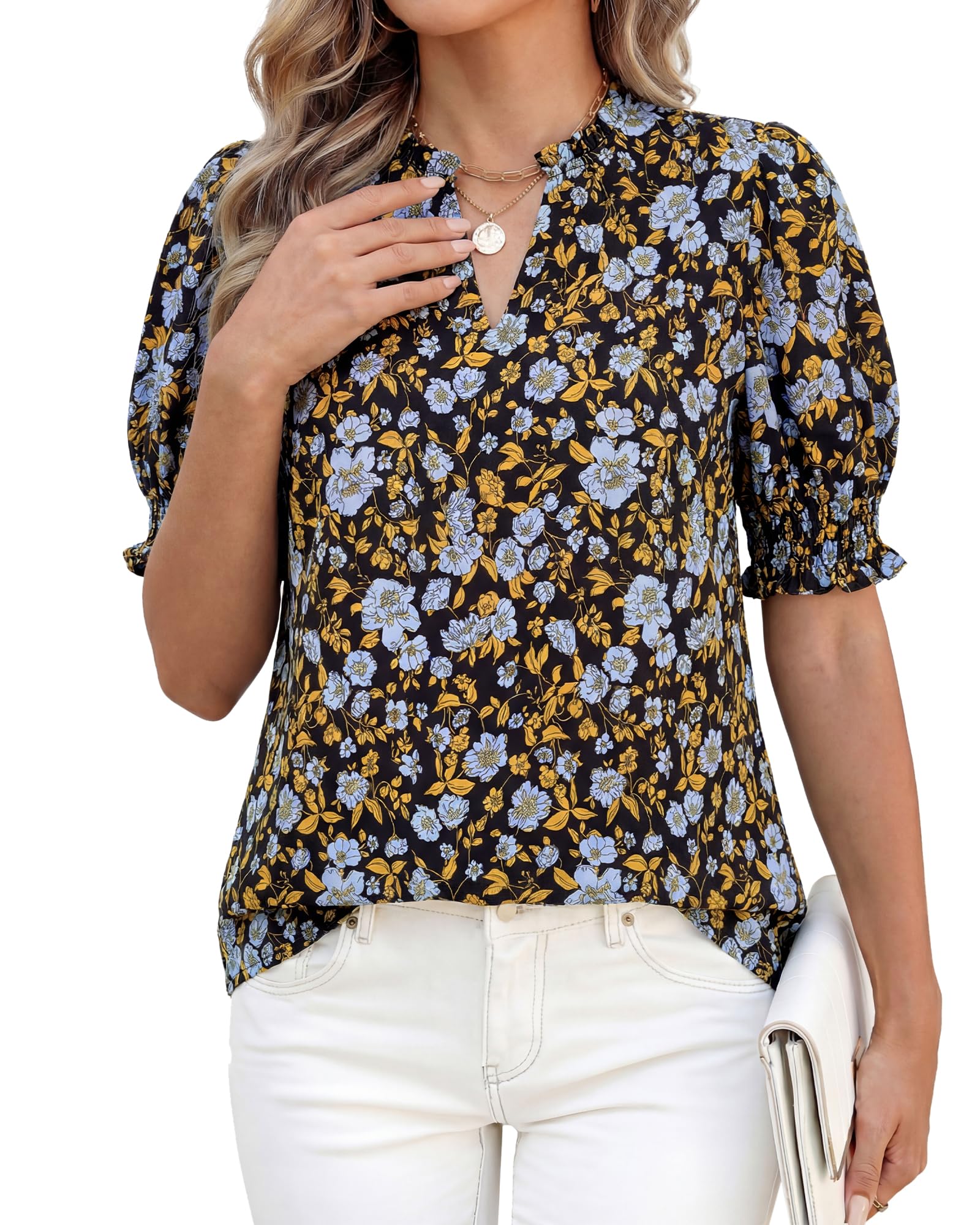 BTFBM Summer Blouses for Women Dressy Casual Fashion Spring Tops Floral Boho V Neck Puff Short Sleeve Top Shirts