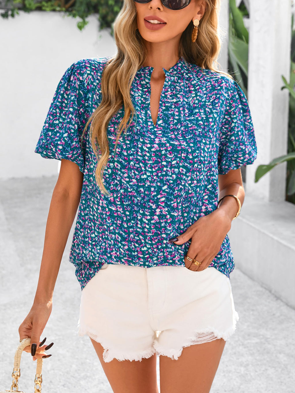 PRETTYGARDEN Boho Short Sleeve Floral Work Blouses for Women Dressy Casual V Neck Puff Sleeve Loose Chiffon Flowy Tops Shirts