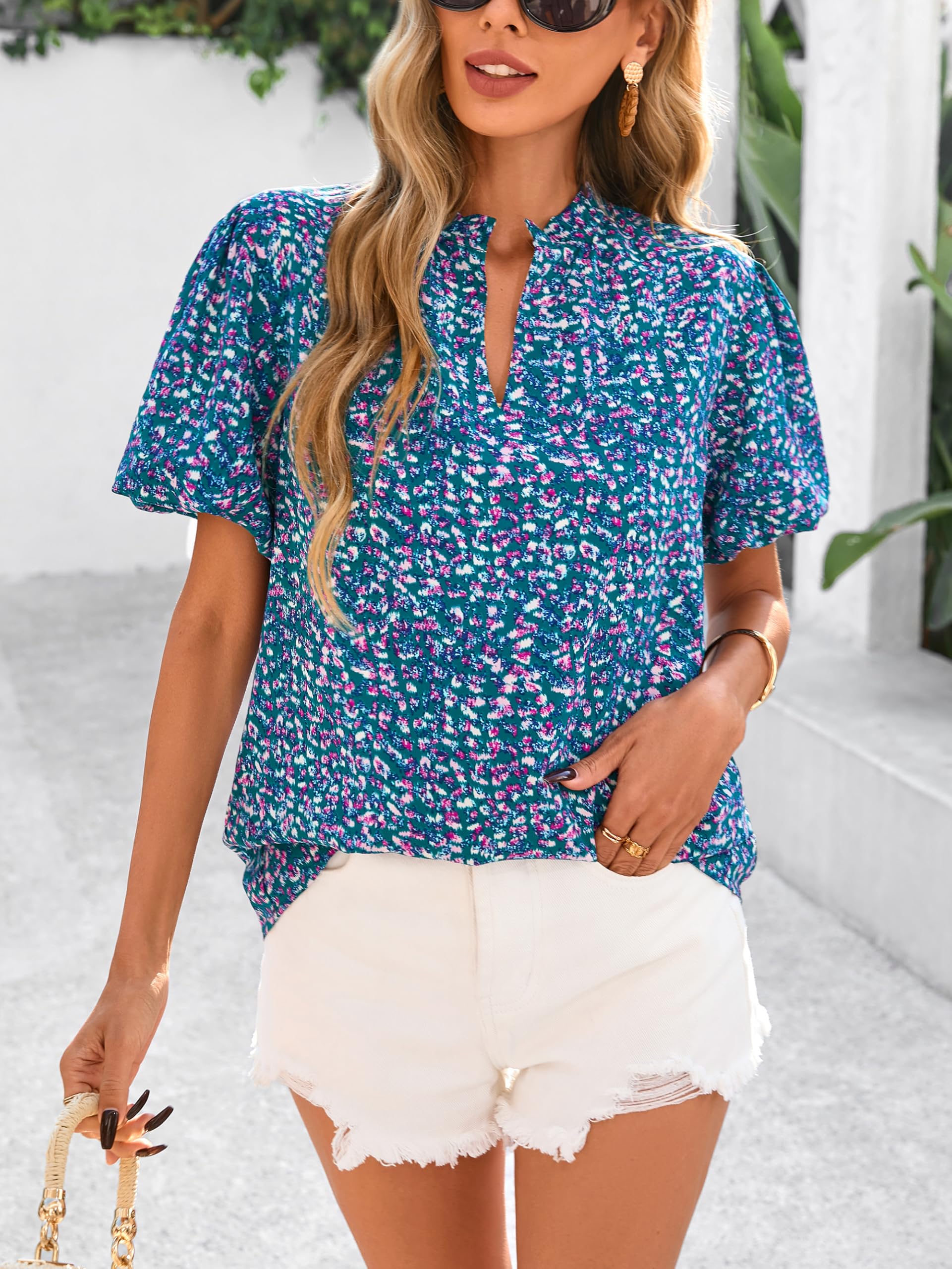 PRETTYGARDEN Boho Short Sleeve Floral Work Blouses for Women Dressy Casual V Neck Puff Sleeve Loose Chiffon Flowy Tops Shirts