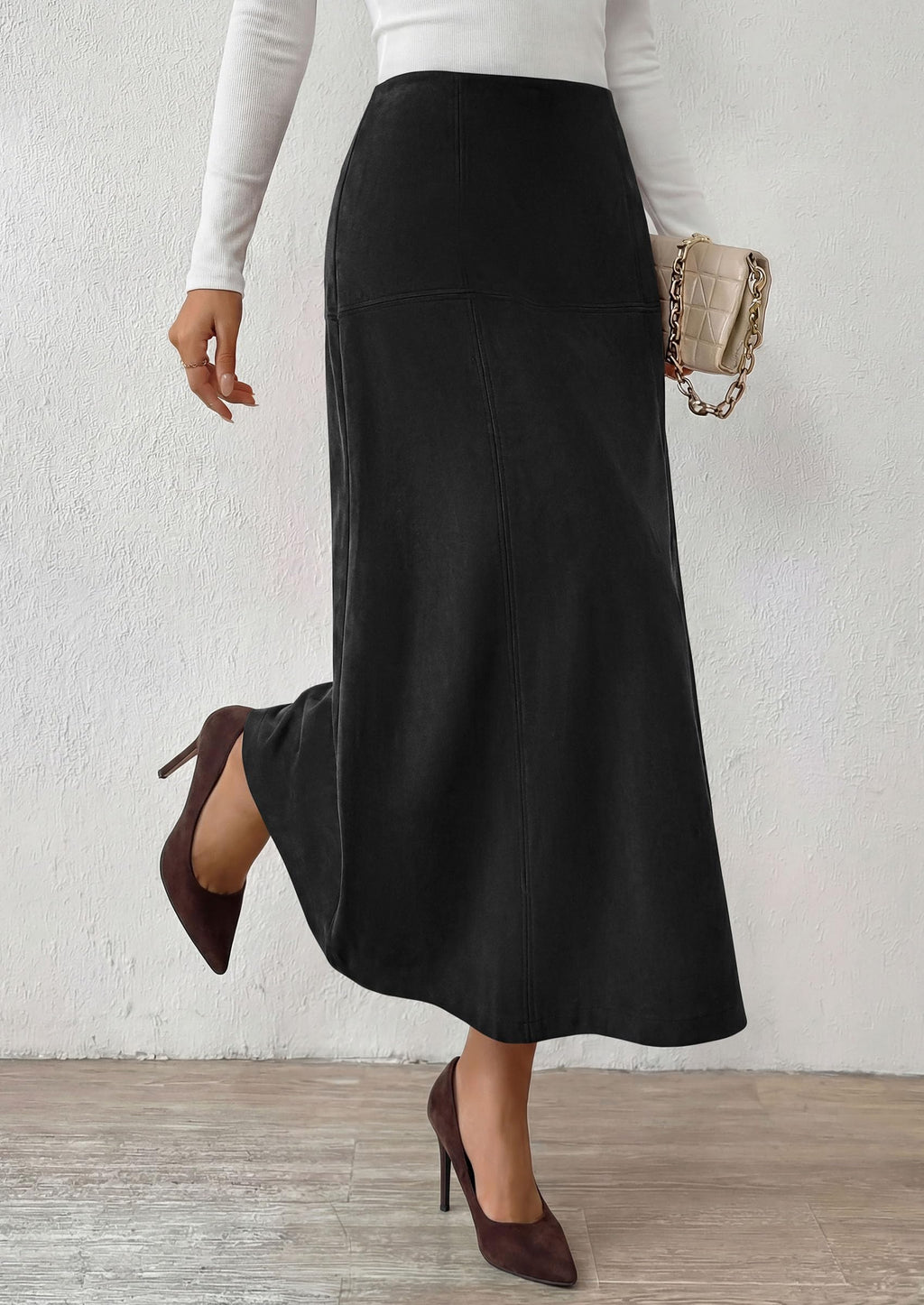 PRETTYGARDEN Womens High Waist Faux Suede A Line Midi Skirt | Hidden Stretch Elastic Waist, Front Back Panel Stitching, Vintage Elegant Mid-Calf Long Skirts for Fall Winter Office Daily