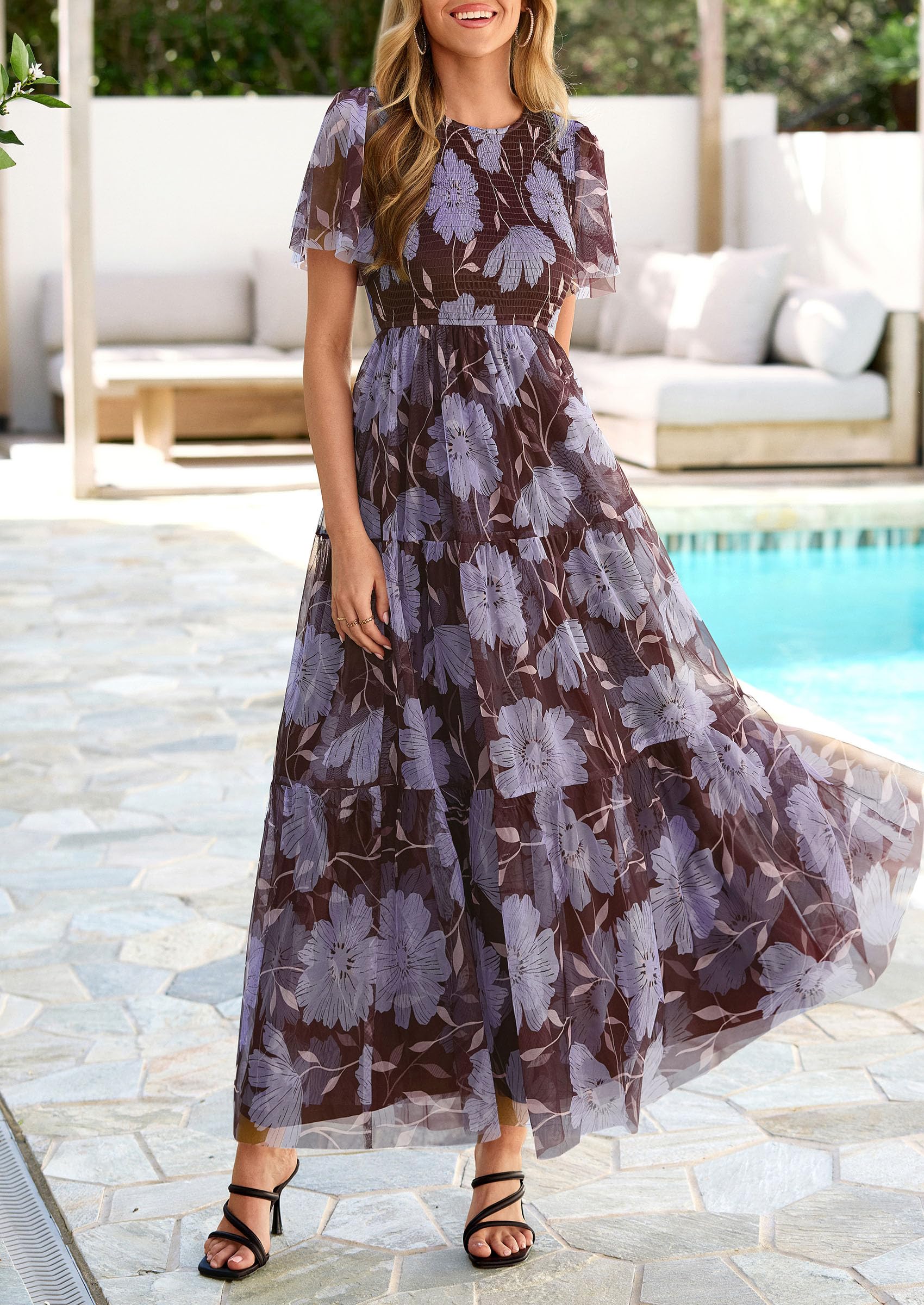 PRETTYGARDEN Tulle Floral Dress Women Summer Wedding Guest  Spring Short Sleeve Maxi Smocked Flowy Beach Party Dresses