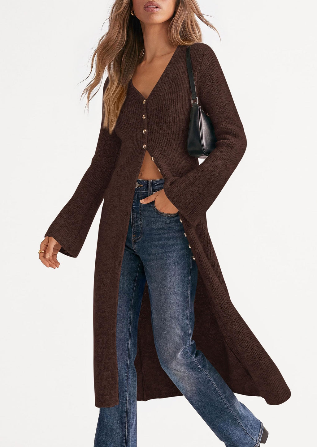 PRETTYGARDEN Women Long Cardigan Bell Sleeve Sweater Dress Early Fall Fashion, V Neck Button Down Coats, Fit and Flare, Duster Sweater, Acrylic Cotton Blend