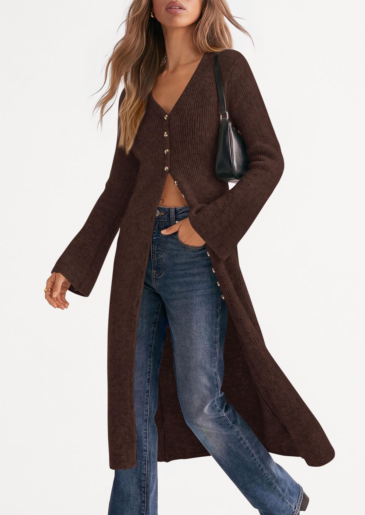 PRETTYGARDEN Women Long Cardigan Bell Sleeve Sweater Dress Early Fall Fashion, V Neck Button Down Coats, Fit and Flare, Duster Sweater, Acrylic Cotton Blend