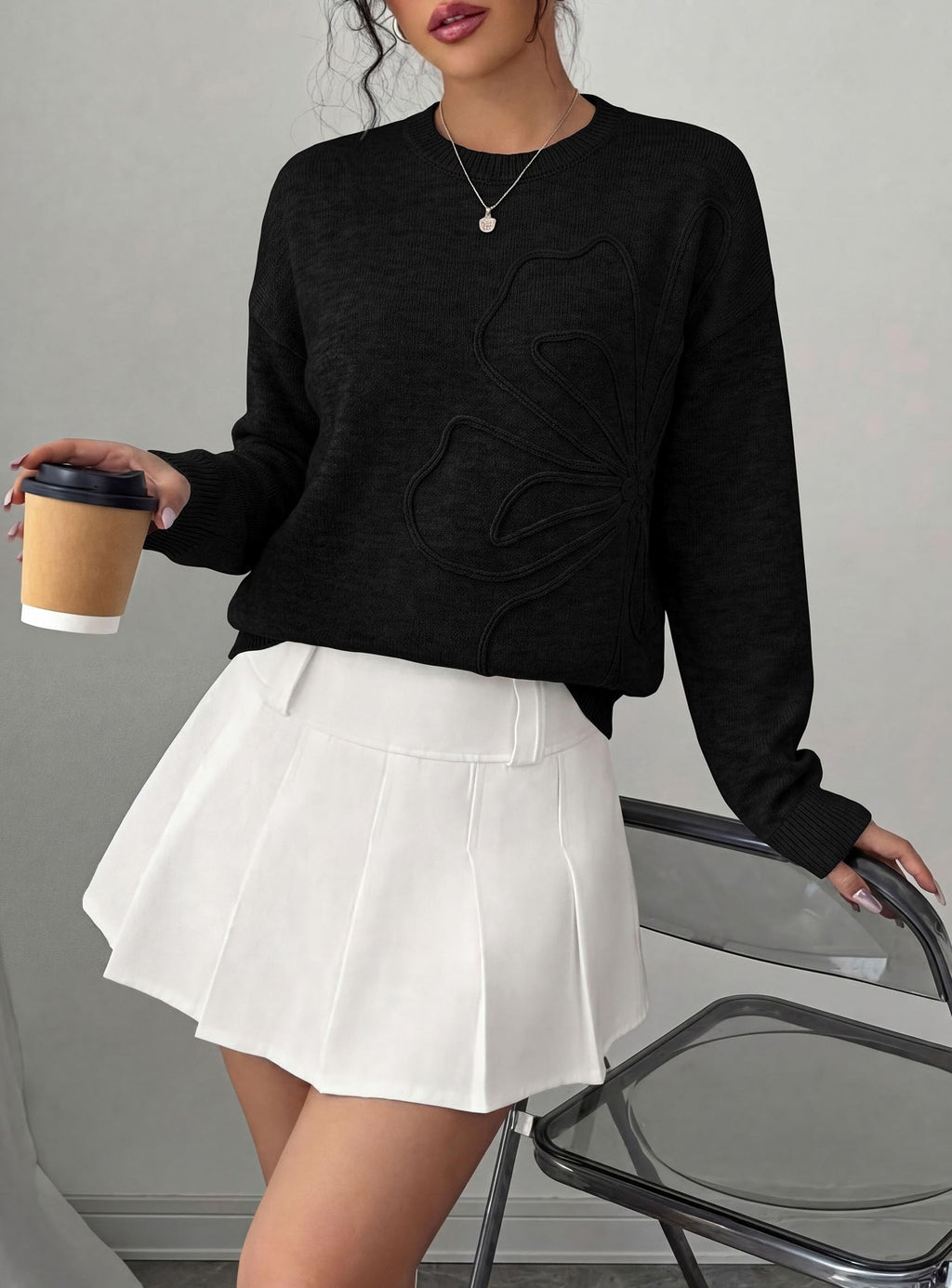 PRETTYGARDEN Women Fall Sweaters Trendy Floral Knit Pullover | Flower Embroidered Tops, Crew Neck, Soft Long Sleeve Shirts, Cozy Winter Layering Clothes for Casual Outing, Holiday Party