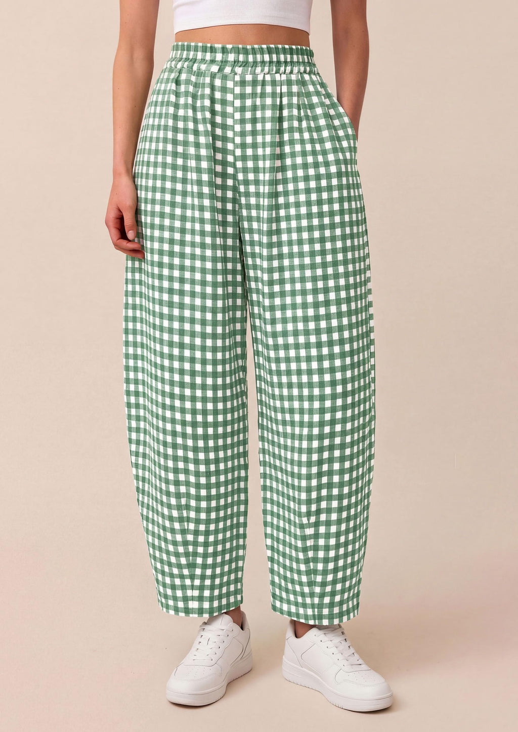 PRETTYGARDEN Plaid Barrel Pants Women Summer Casual Loose Wide Leg Lounge Gingham Trousers Spring Fashion Beach Bottoms